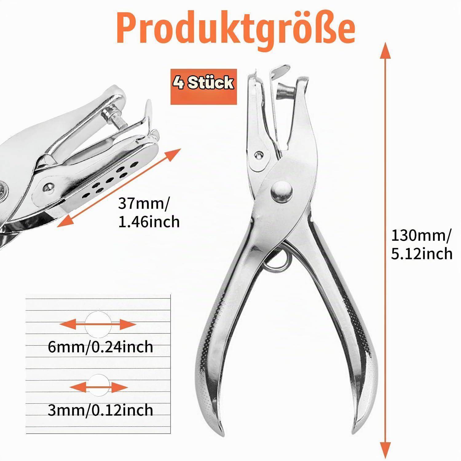 Produktgrößendiagramm für einen 4-teiligen Nagelknipser-Set mit Abmessungen des Knipsers von 130 mm x 37 mm und Schneidlöchern von 6 mm und 3 mm.