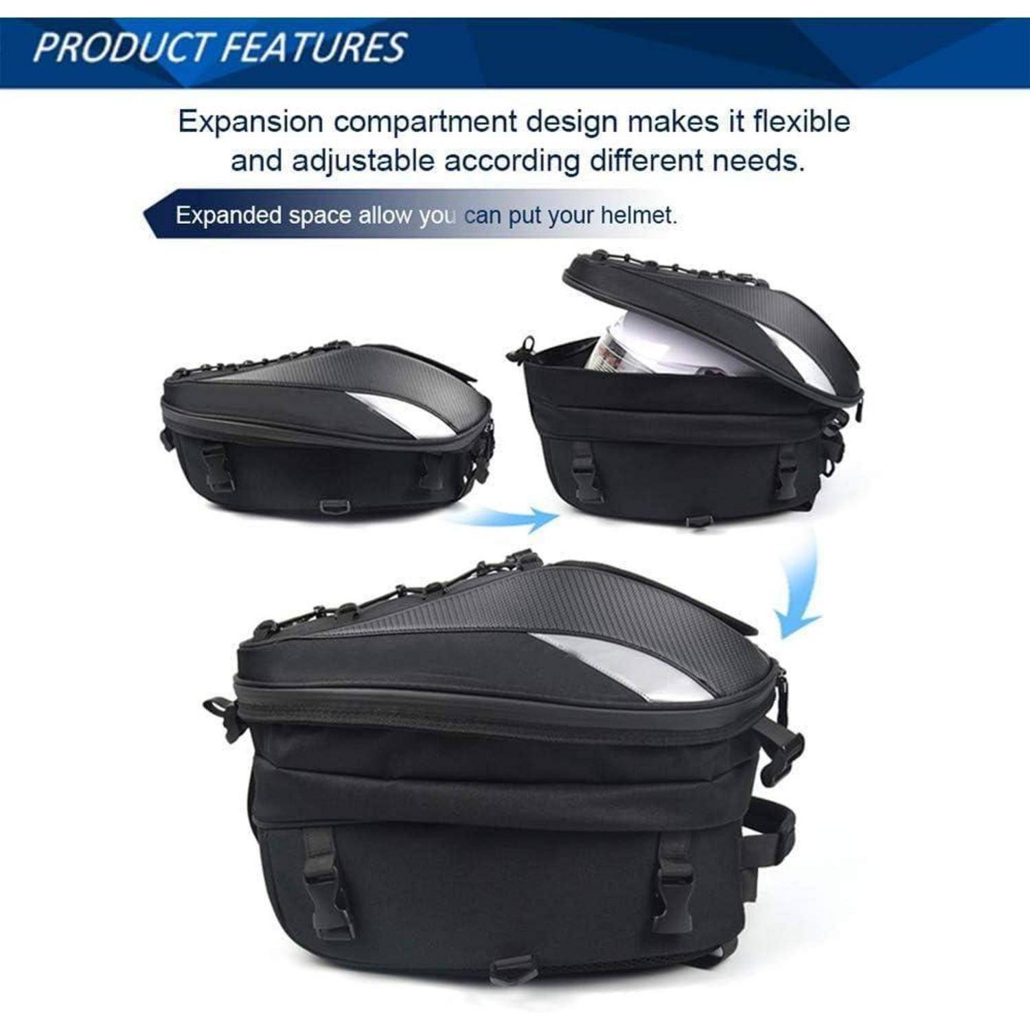 Produktmerkmale-Grafik mit einer erweiterbaren Motorradtasche; die Oberseite lässt sich erweitern, um einen Helm aufzunehmen, mit Pfeilen, die die Zunahme des Stauraums veranschaulichen.