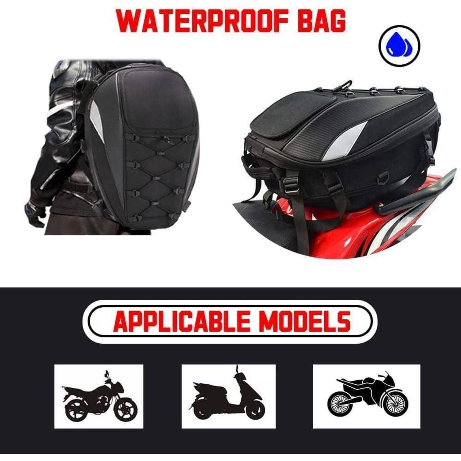 Werbebild einer wasserdichten Motorradtasche, die auf einem Motorrad montiert ist, mit „ANWENDBARE MODELLE", das die Kompatibilität mit drei Motorradtypen zeigt.