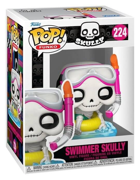 Funko Pop! Box für die Figur Swimmer Skully, Nummer 224, zeigt eine Schädelcharakter mit Schwimmbrille, Schnorchel und Luftmatratze, mit der Bezeichnung 'Swimmer Skully'.