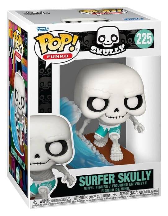 Funko Pop Surfer Skull Vinyl-Figur in einer Box, abgebildet mit einer Schädel-Figur, die auf einer Welle reitet, mit den Beschriftungen „225