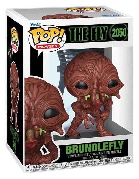 Funko Pop Movies Brundlefly Vinyl-Figur aus Die Fliege 2050 in einer Vitrine.