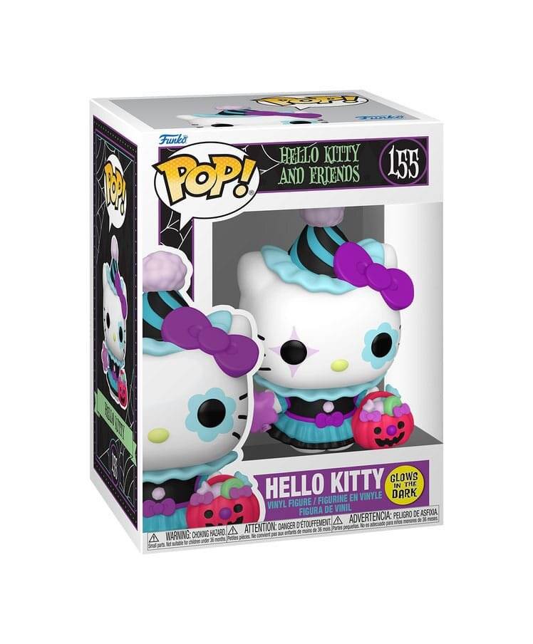 Funko Pop! Hello Kitty und Freunde #155 fluoreszierend-Vinyl-Figur in der Originalverpackung, zeigt Hello Kitty mit einer violetten Schleife und einem Cupcake-Hut.
