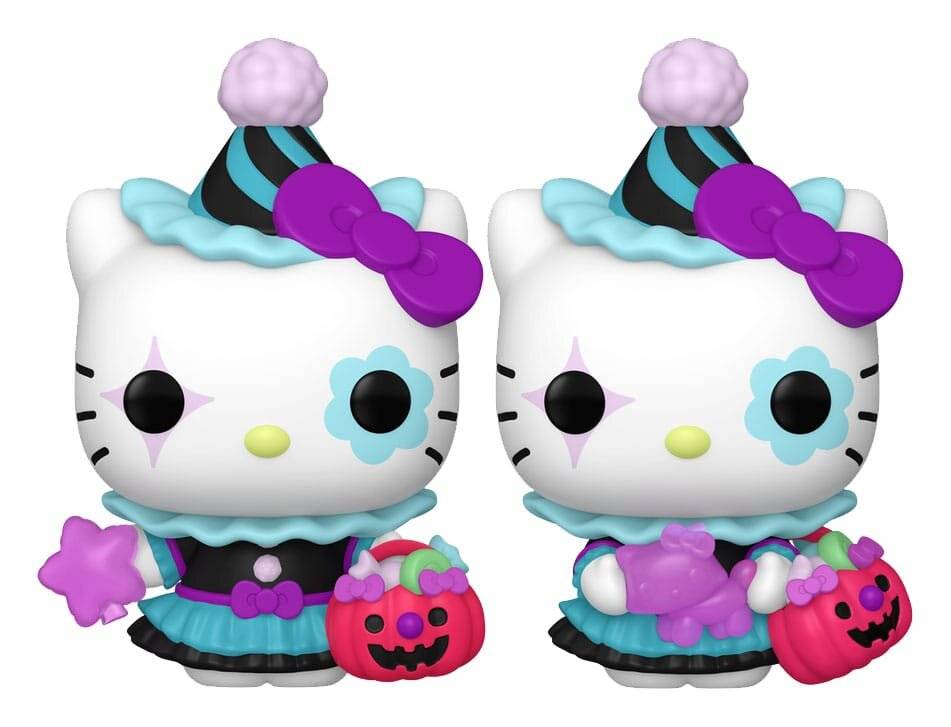Nebeneinanderliegende Abbildung von zwei Hello-Kitty-Figuren in Halloween-Kostümen, von denen jede einen Kürbis mit Kürbisgesicht hält und einen gestreiften Partyhut mit einer Schleife trägt.