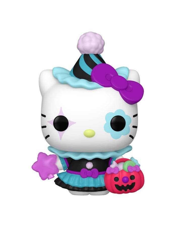 Hello Kitty in einem Halloween-Kostüm gekleidet, mit einem gestreiften Partyhut und einen Kürbiseimer haltend, auf weißem Hintergrund.
