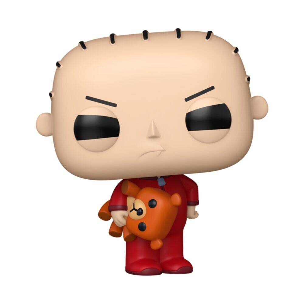 Eine stilisierte kahle Cartoon-Figur in roten Pyjamas mit strengem Gesichtsausdruck, die einen orangefarbenen Teddybär gegen einen einfachen weißen Hintergrund hält.