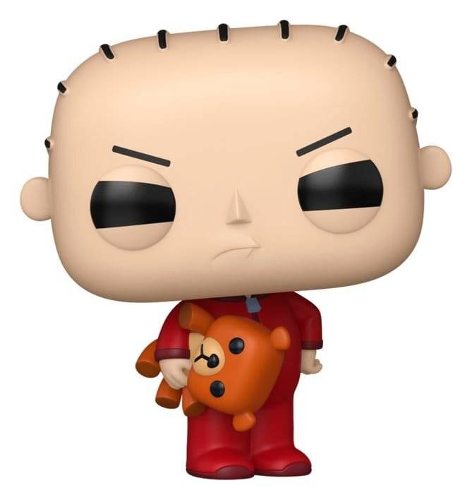Vinyl-Spielzeugfigur von Stewie Griffin in roten Overalls, die einen kleinen orangefarbenen Teddybären hält, mit einem strengen Gesichtsausdruck auf weißem Hintergrund.