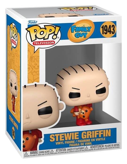 Verpackung für eine Funko Pop! Television-Figur von Stewie Griffin aus Family Guy, Nummer 1943, dargestellt in der Box mit der Figur, die einen Teddybär hält.