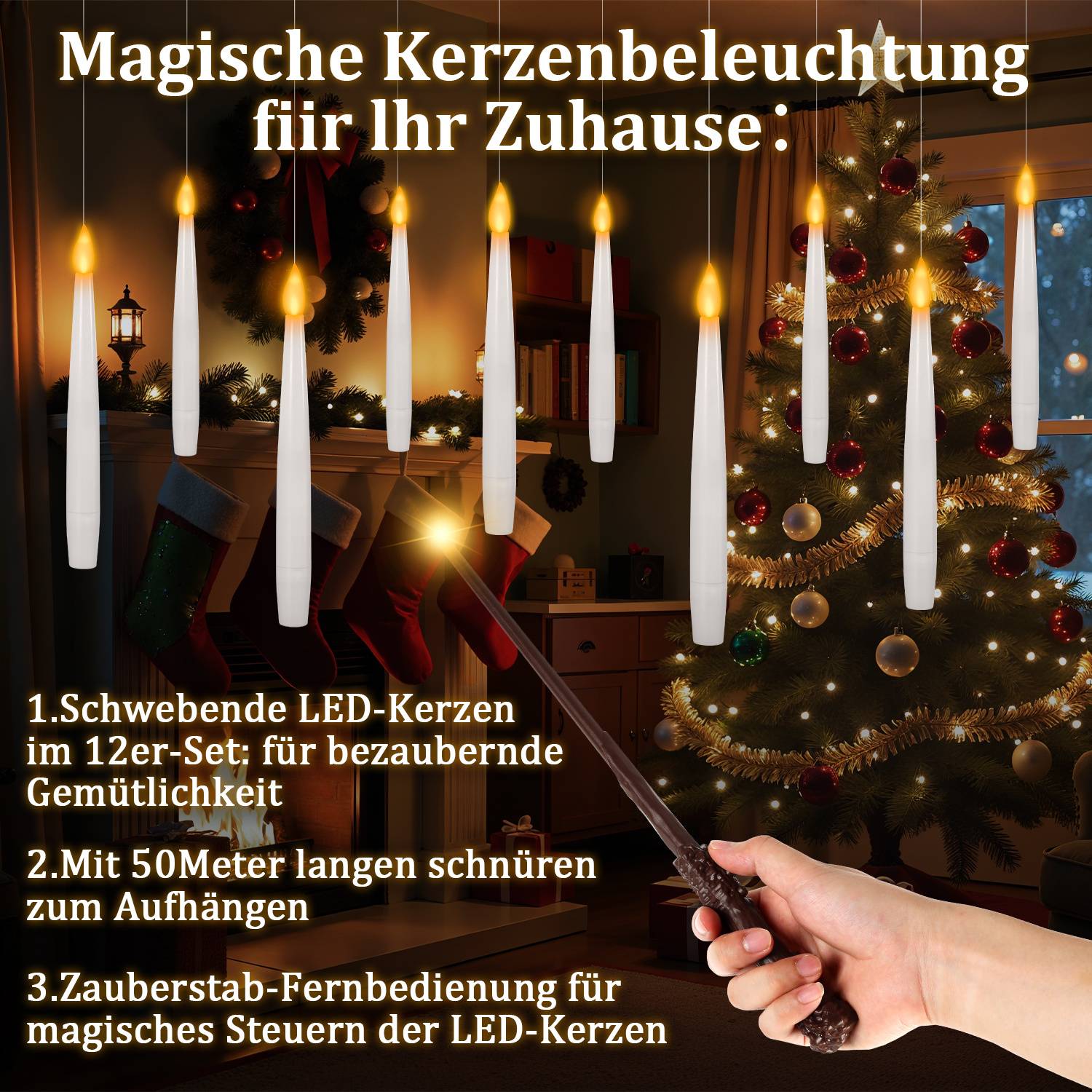 LED Schwebende Kerzen 12er Set mit Zauberstab, Timer, Warmweiß