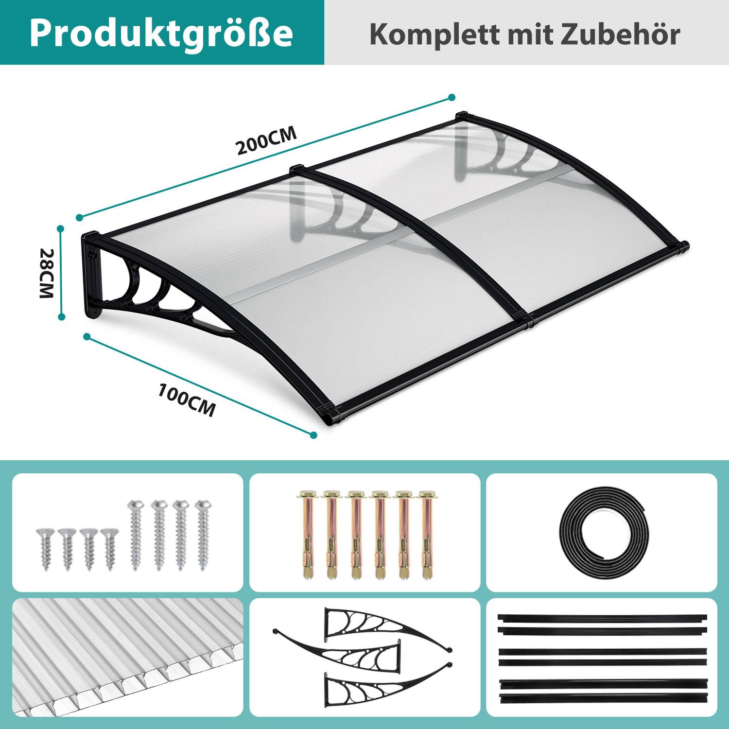 Annotiertes Produktbild einer gebogenen Terrassenmarkisenabdeckung mit den Abmessungen 200 cm × 100 cm × 28 cm und einschließlich Zubehör: Schrauben, Bolzen, Dichtungsstreifen, Paneele, Halterungen und Stützstangen.