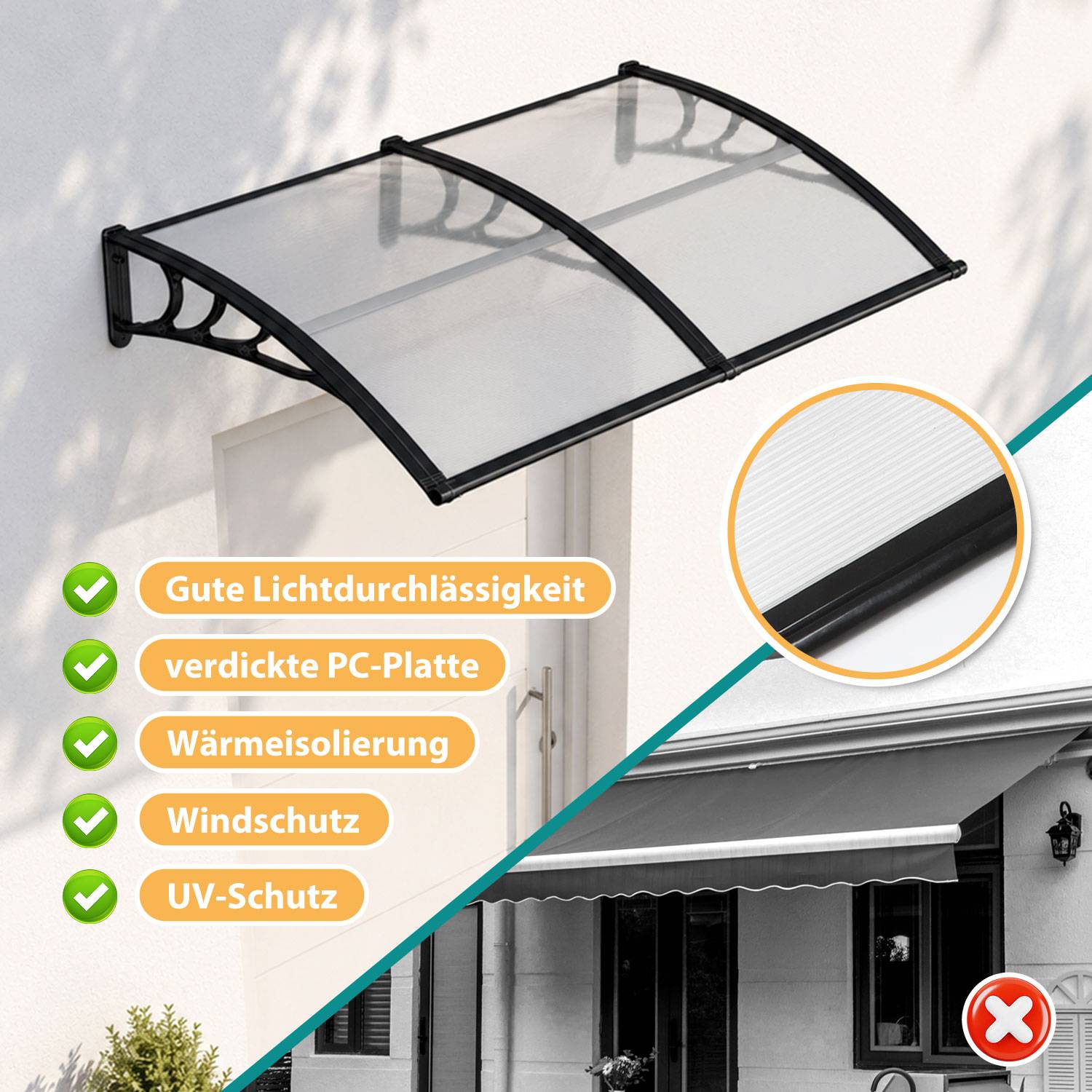 Split-View-Produktbild einer Türmarkise: klares PC-Dach mit schwarzem Rahmen, das die Vorteile "Gute Lichtdurchlässigkeit"", ""verdickte PC-Platte"", ""Wärmeisolierung"", ""Windschutz"" und ""UV-Schutz"" hervorhebt.