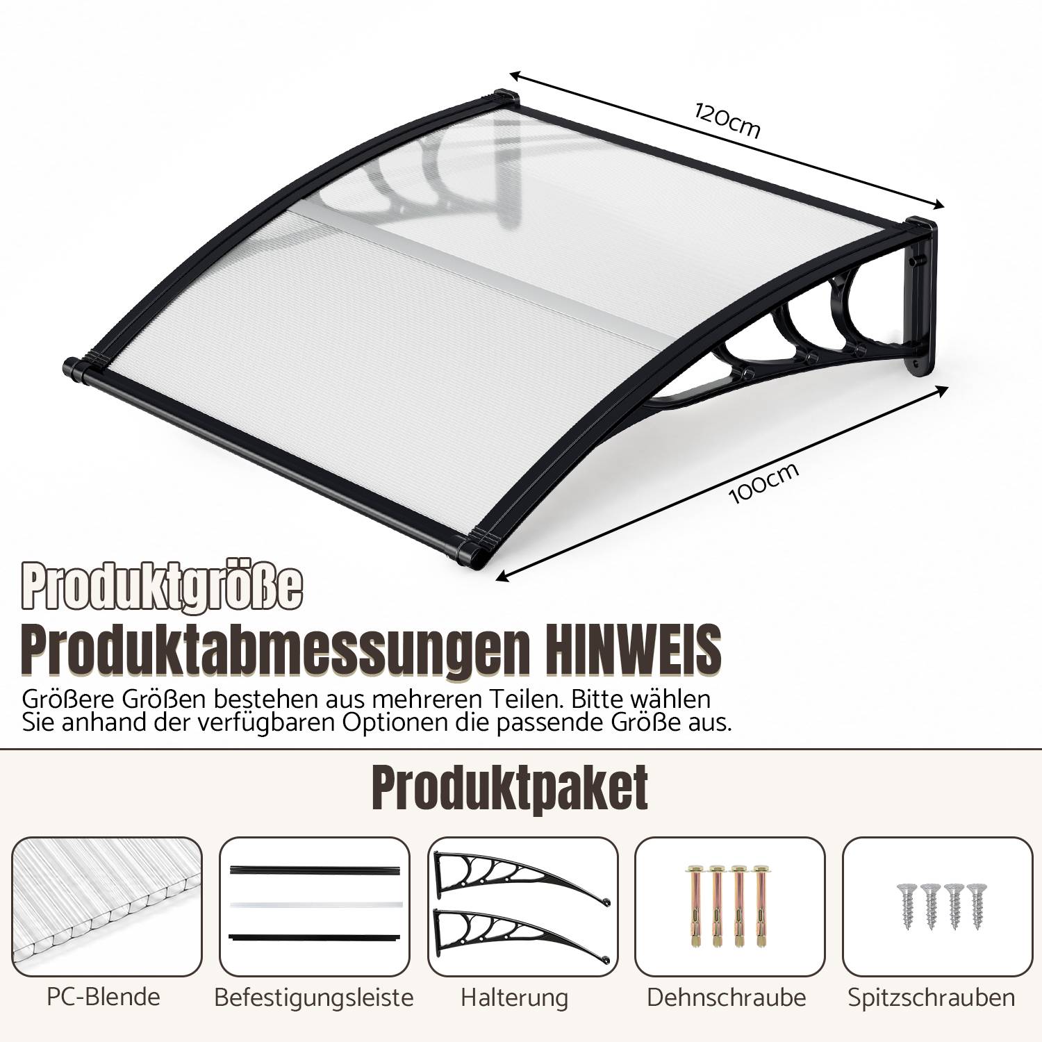 Größenleitfaden für ein gekrümmtes klares Dach: 120 cm breit x 100 cm tief, mit enthaltenen Teilen – PC-Abdeckung, Montageleisten, Halterungen, Expansionsbolzen und Schrauben.