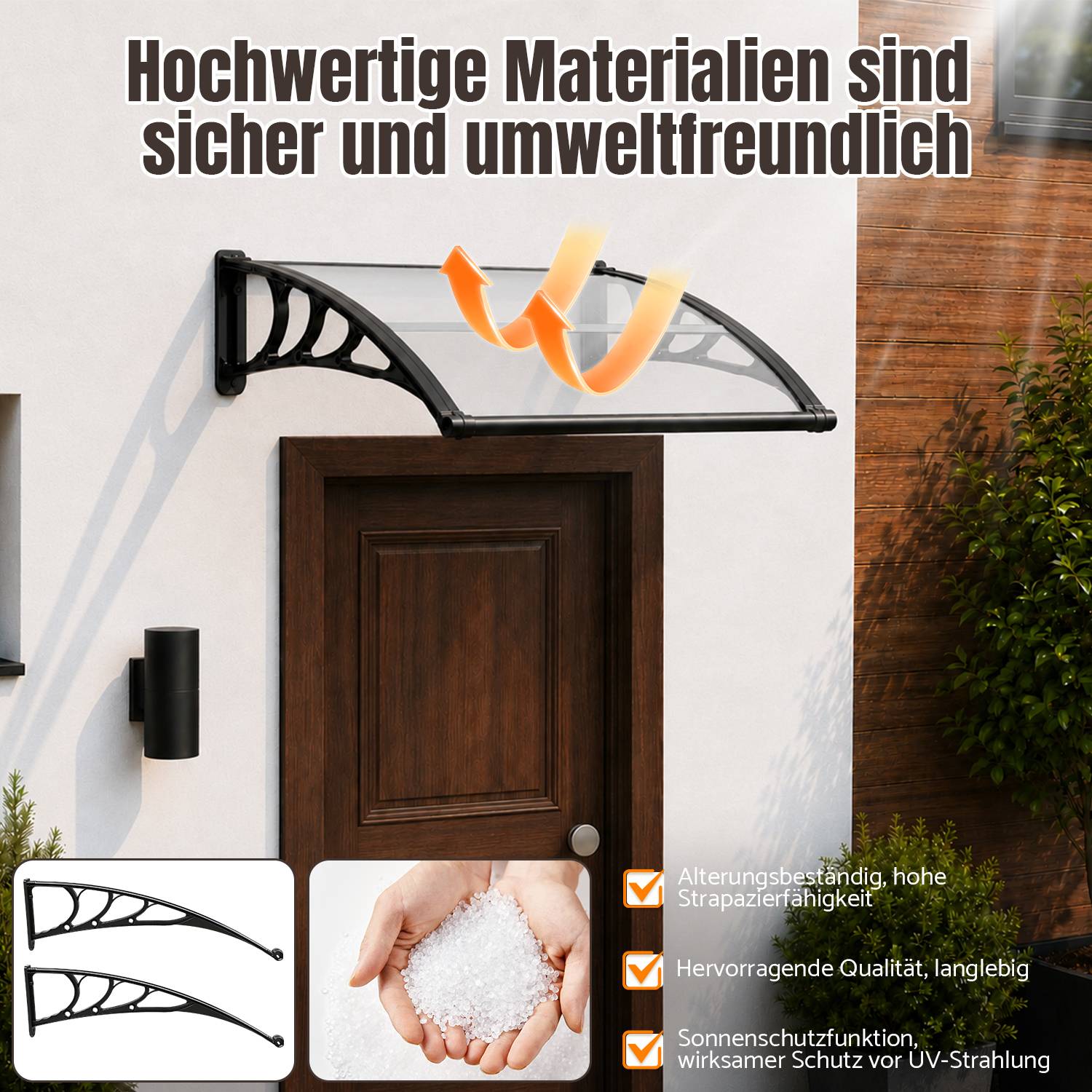 Vordach Haustür mit Regenrinne 120 x 100 cm, Türüberdachung aus Polycarbonat, Schwarz/Transparent, Regenschutz für Eingang