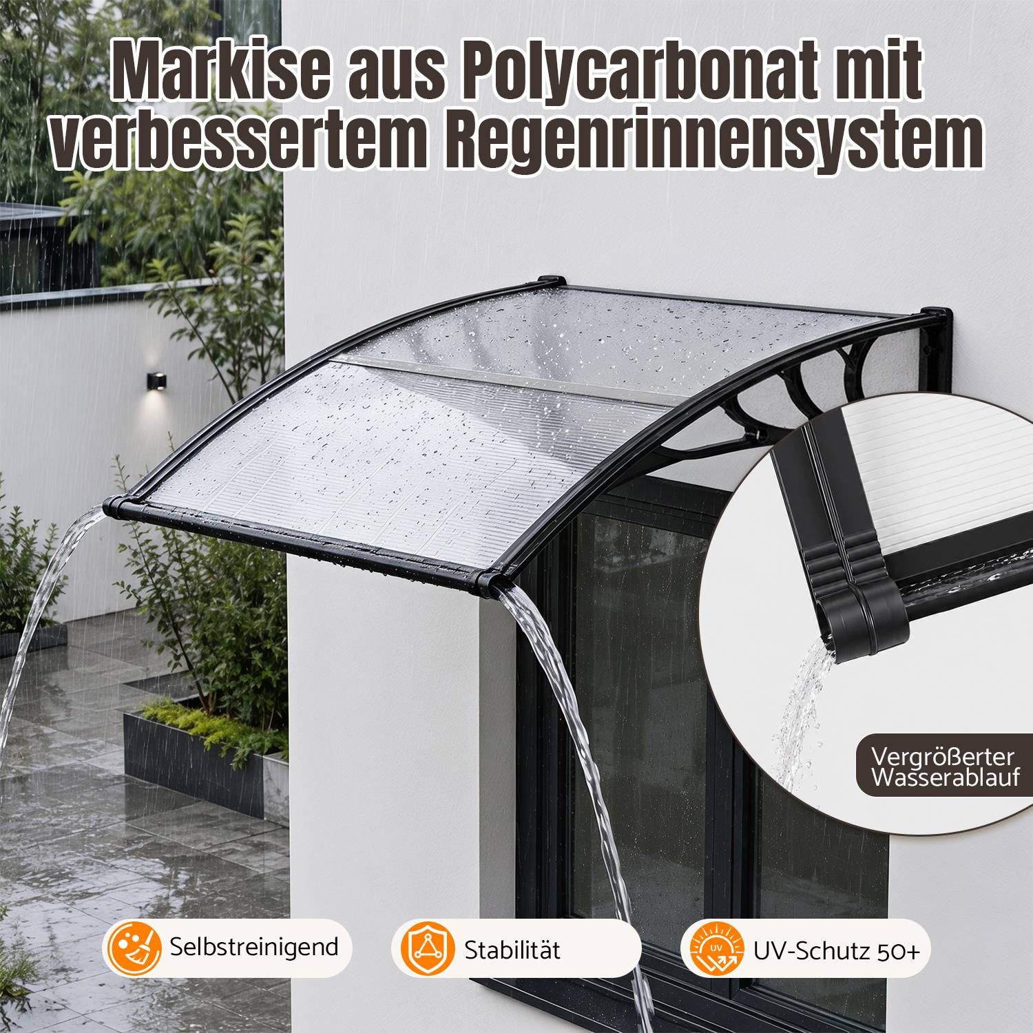 Vordach Haustür mit Regenrinne 120 x 100 cm, Türüberdachung aus Polycarbonat, Schwarz/Transparent, Regenschutz für Eingang