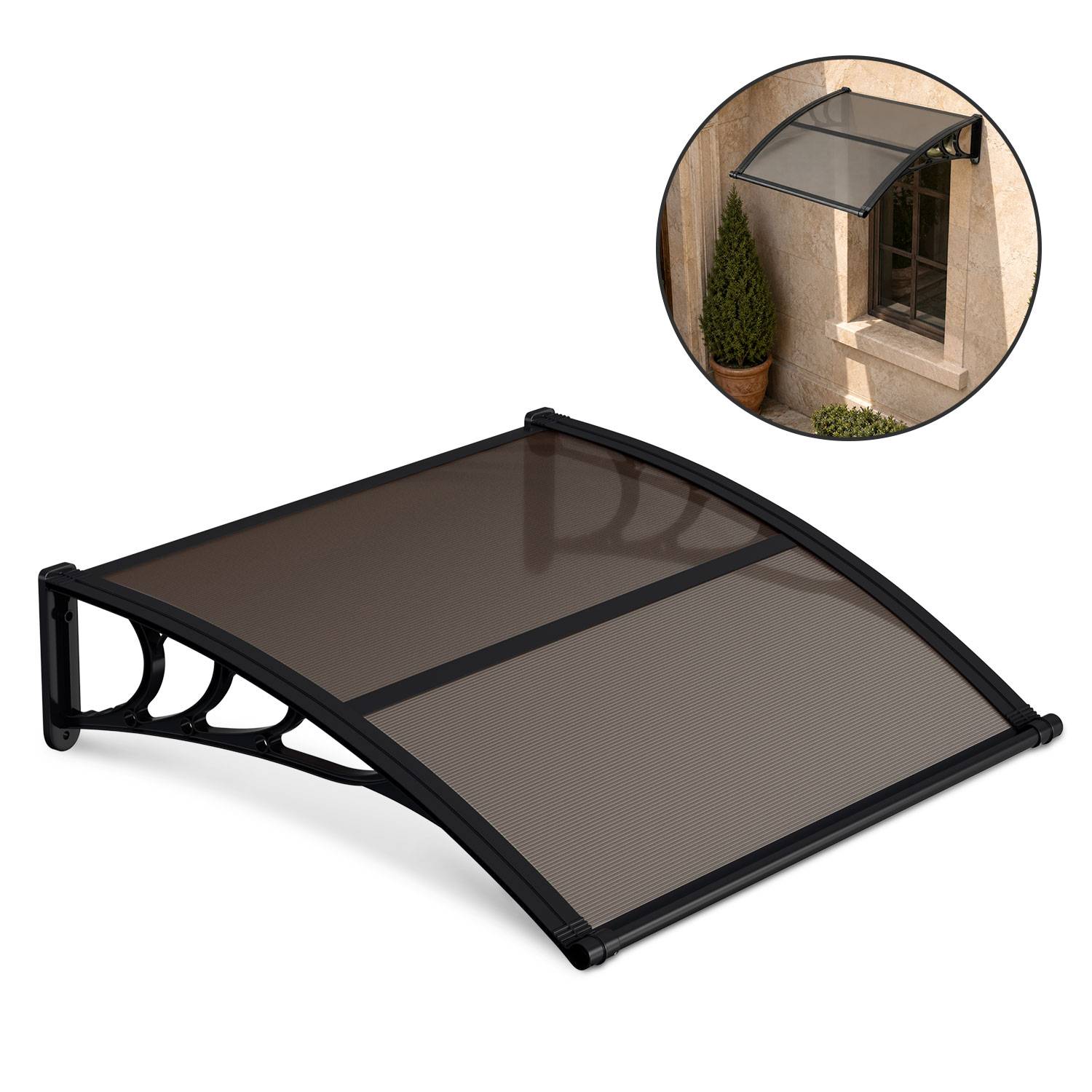 Vordach Haustür mit Regenrinne 120 x 100 cm, Türüberdachung aus Polycarbonat, Schwarz/Braun, Regenschutz für Eingang