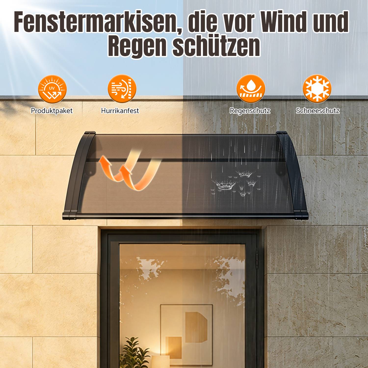 Vordach Haustür mit Regenrinne 120 x 100 cm, Türüberdachung aus Polycarbonat, Schwarz/Braun, Regenschutz für Eingang