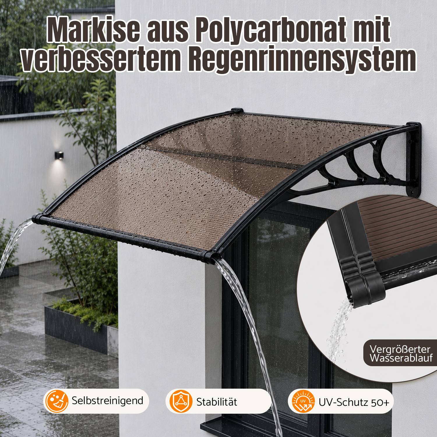Vordach Haustür mit Regenrinne 120 x 100 cm, Türüberdachung aus Polycarbonat, Schwarz/Braun, Regenschutz für Eingang