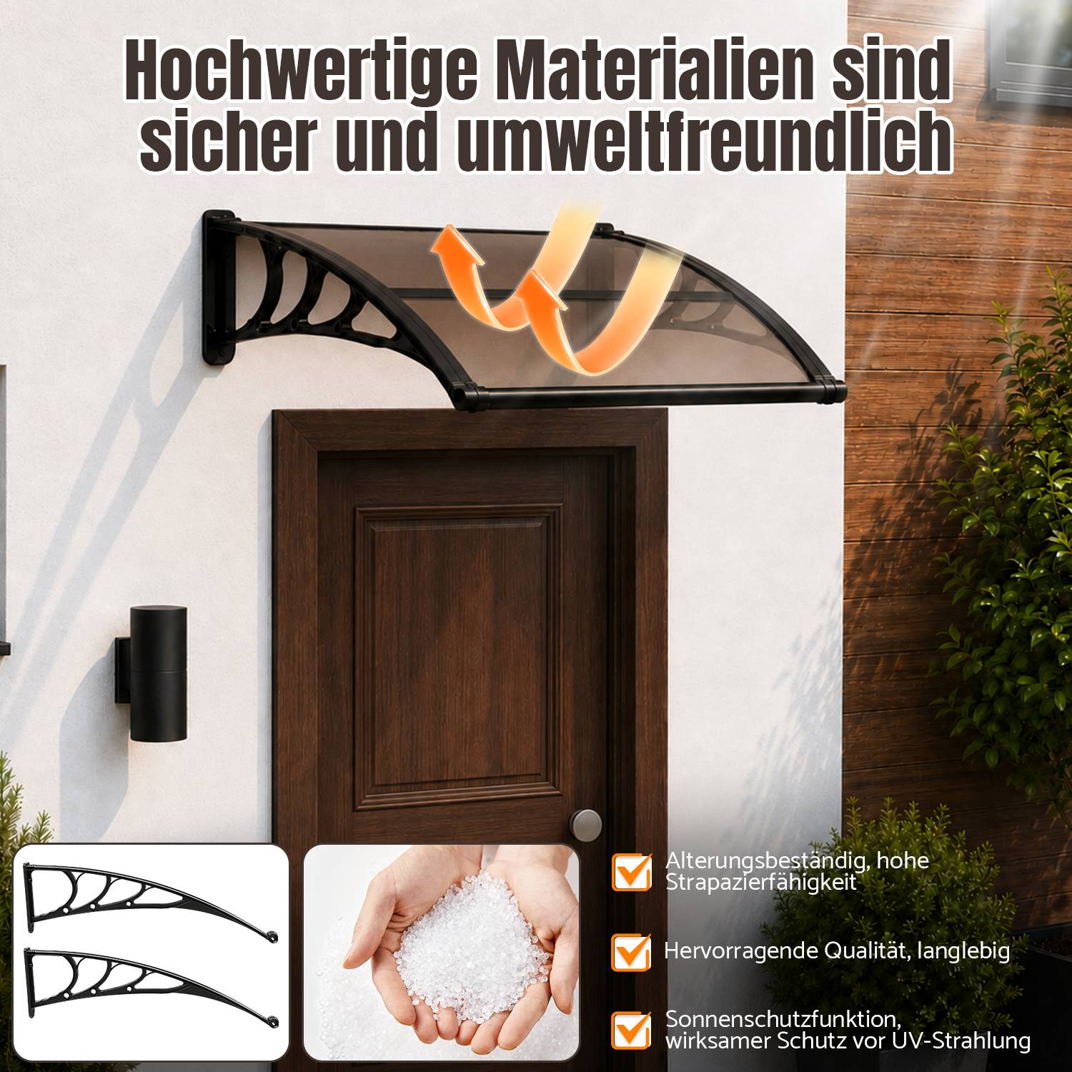 Vordach Haustür mit Regenrinne 120 x 100 cm, Türüberdachung aus Polycarbonat, Schwarz/Braun, Regenschutz für Eingang