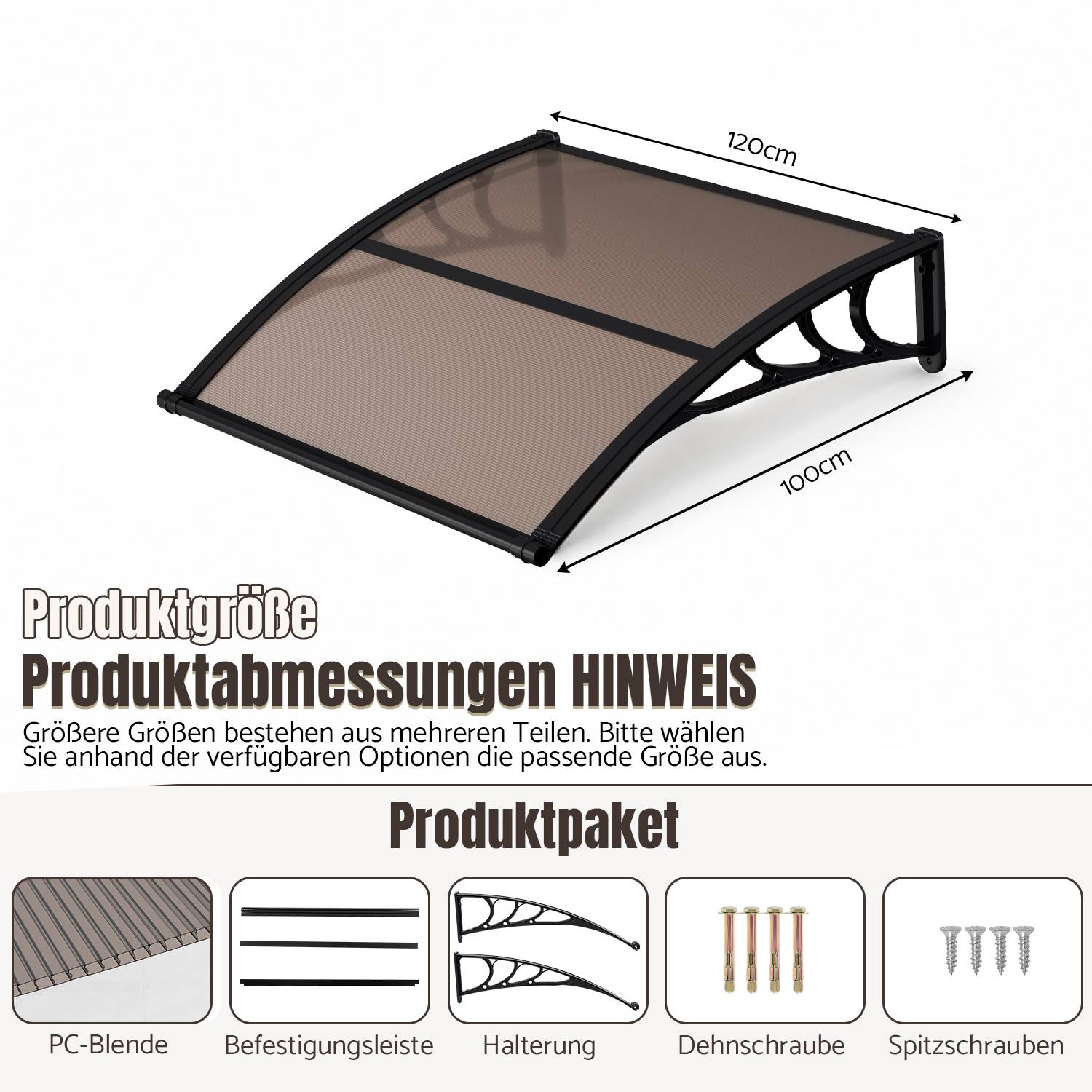 Vordach Haustür mit Regenrinne 120 x 100 cm, Türüberdachung aus Polycarbonat, Schwarz/Braun, Regenschutz für Eingang