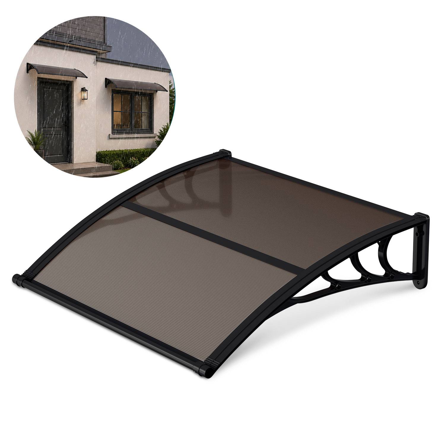 Vordach Haustür mit Regenrinne 150 x 100 cm, Türüberdachung aus Polycarbonat, Schwarz/Braun, Regenschutz für Eingang