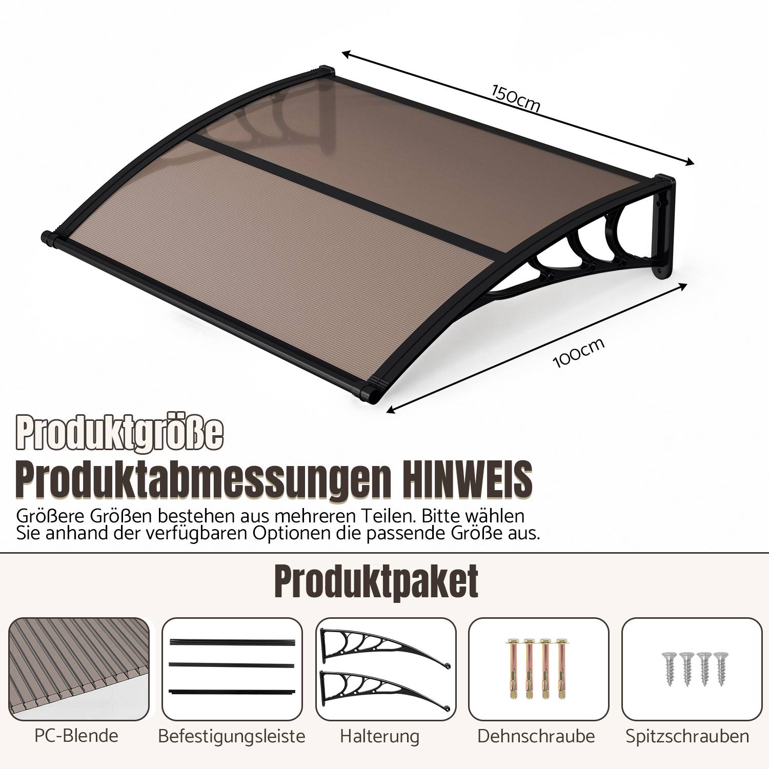 Vordach Haustür mit Regenrinne 150 x 100 cm, Türüberdachung aus Polycarbonat, Schwarz/Braun, Regenschutz für Eingang