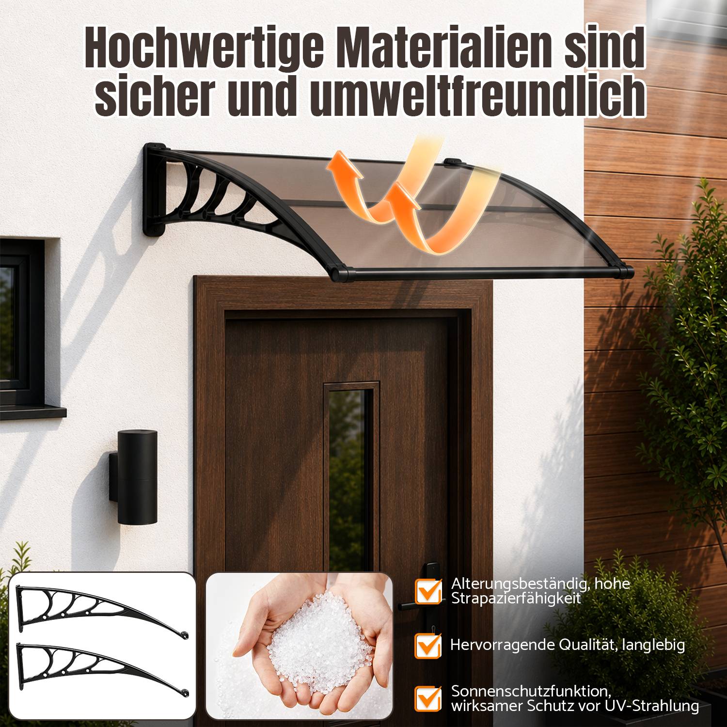# Überdachung über einer Haustür mit deutschem Text, der hochwertige, sichere, umweltfreundliche Materialien und UV-Schutz bewirbt; eingefügte Bilder zeigen das Überdachungsgestell und Materialpellets.