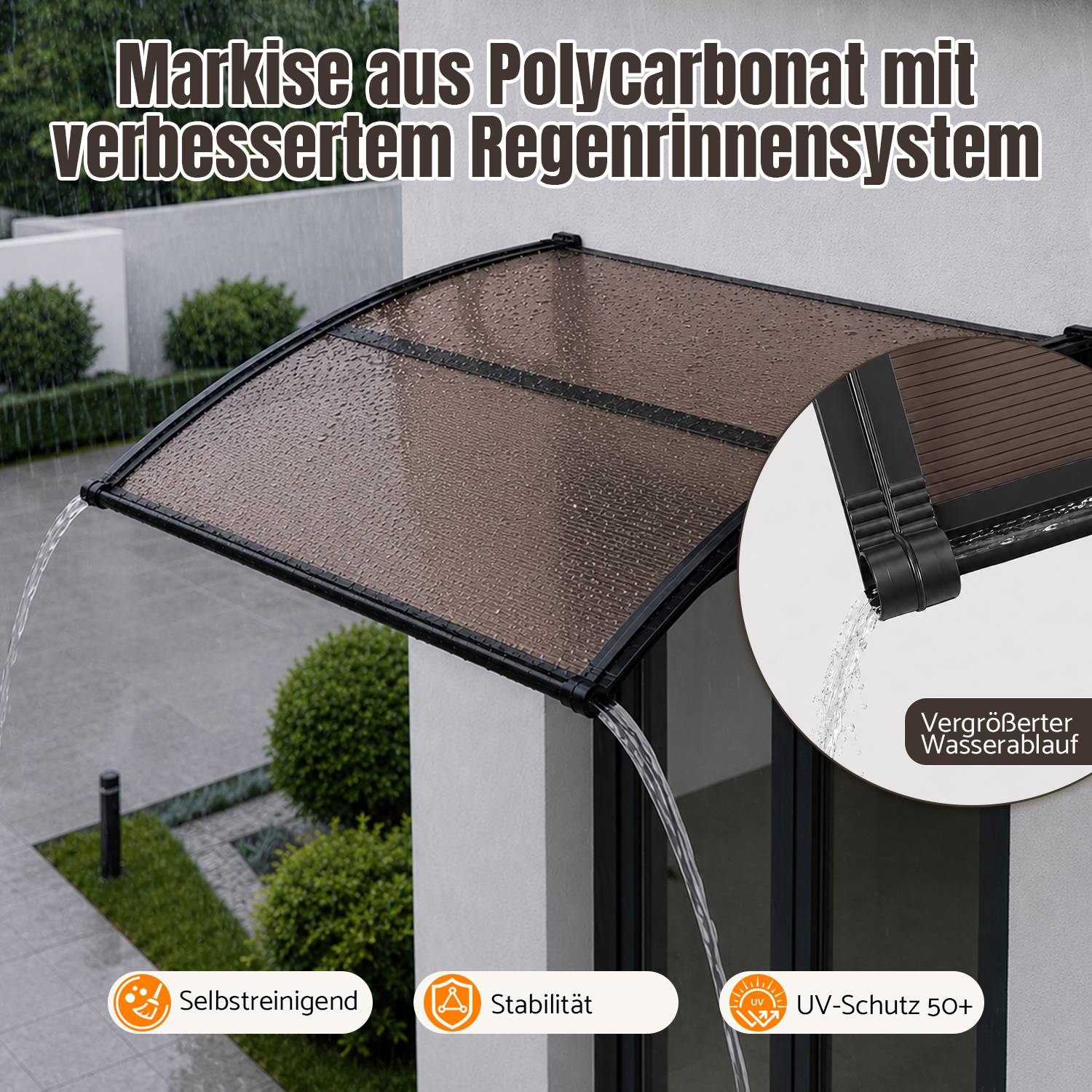 Vordach Haustür mit Regenrinne 150 x 100 cm, Türüberdachung aus Polycarbonat, Schwarz/Braun, Regenschutz für Eingang