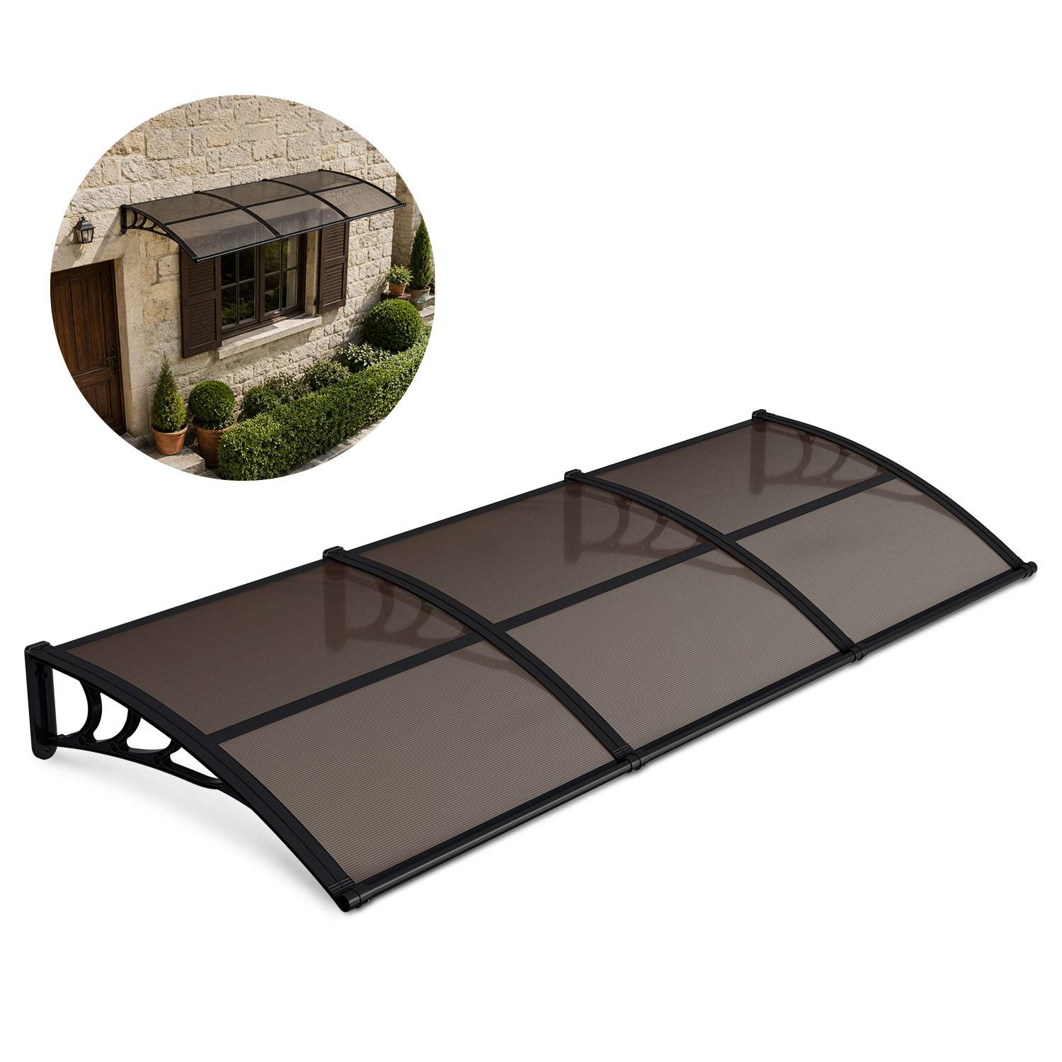 Vordach Haustür mit Regenrinne 300 x 100 cm, Türüberdachung aus Polycarbonat, Schwarz/Braun, Regenschutz für Eingang