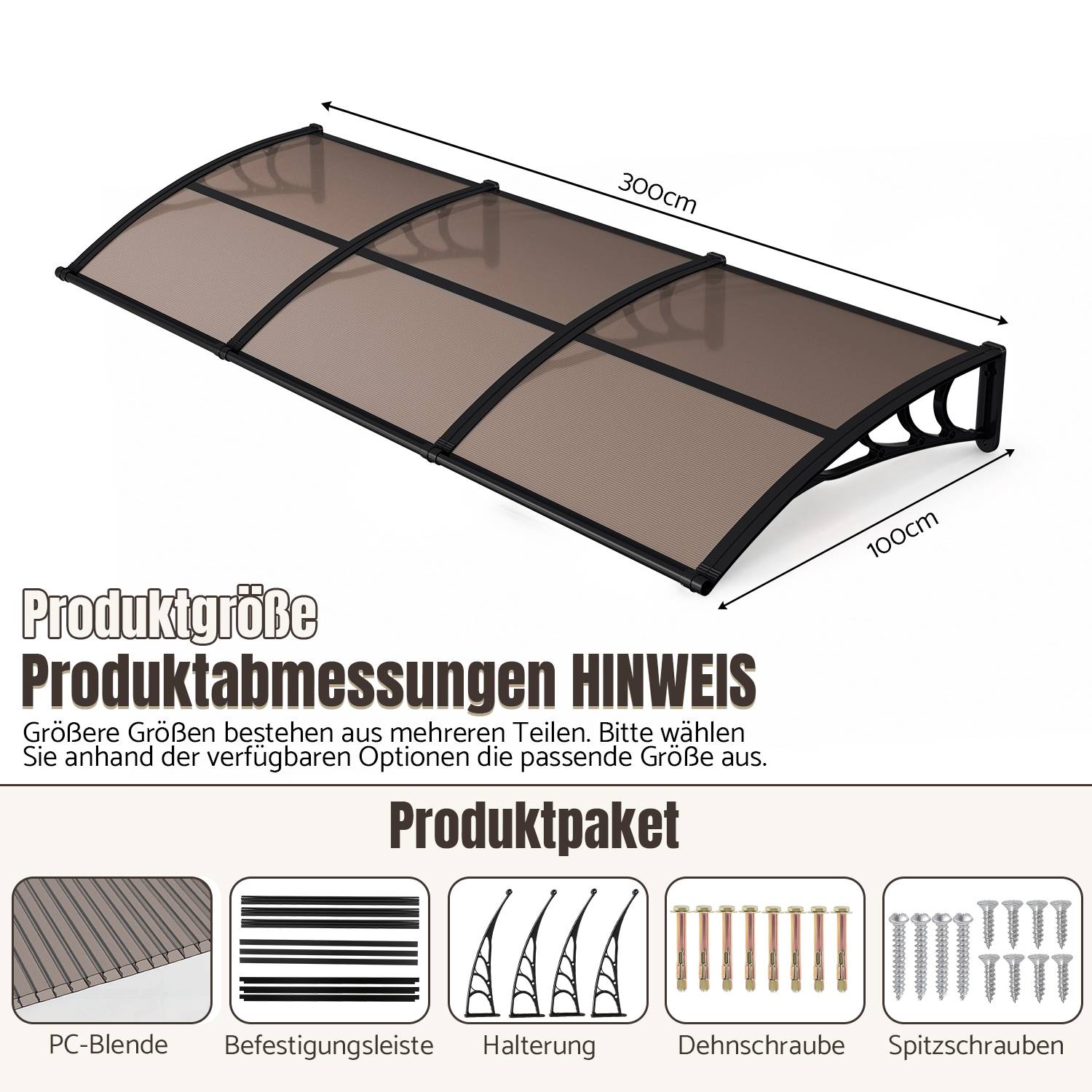Vordach Haustür mit Regenrinne 300 x 100 cm, Türüberdachung aus Polycarbonat, Schwarz/Braun, Regenschutz für Eingang