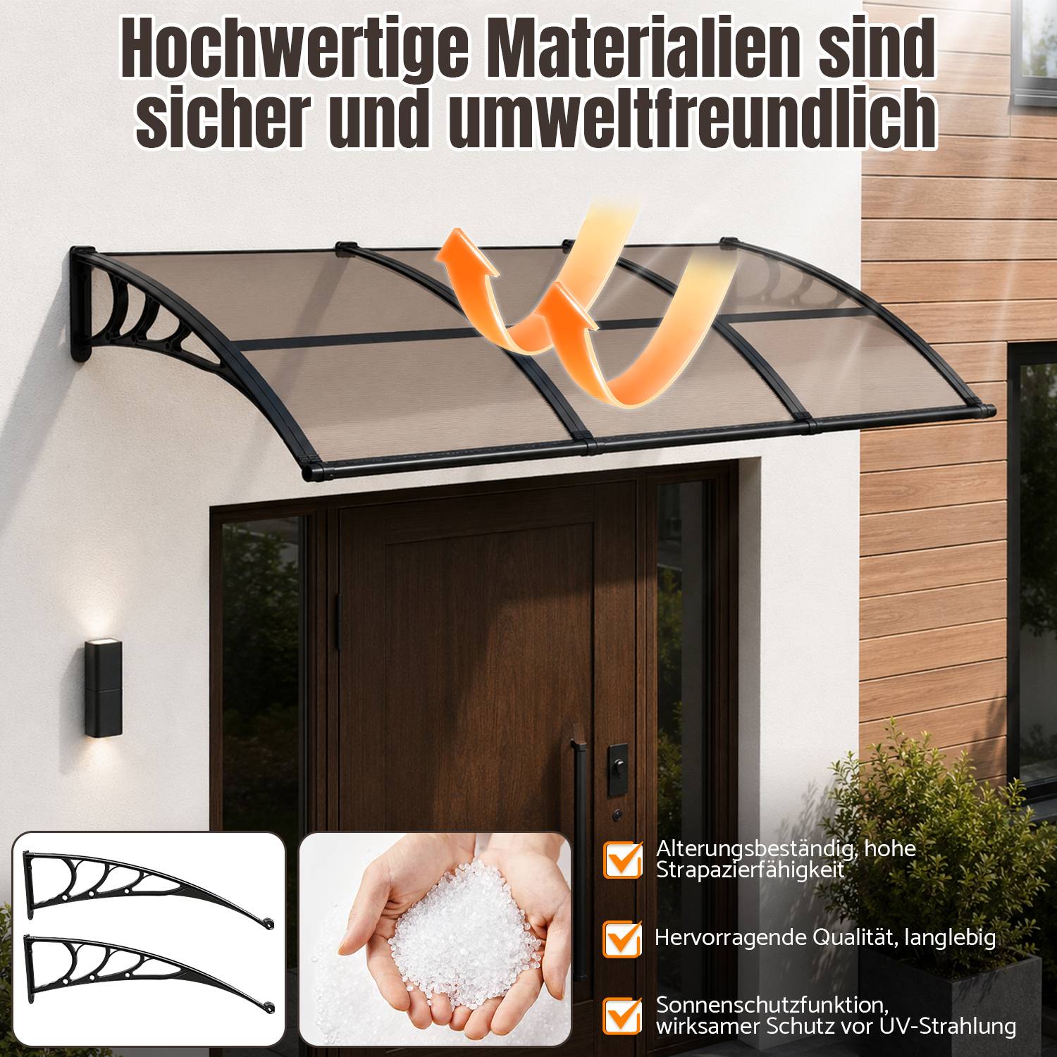 Vordach Haustür mit Regenrinne 300 x 100 cm, Türüberdachung aus Polycarbonat, Schwarz/Braun, Regenschutz für Eingang