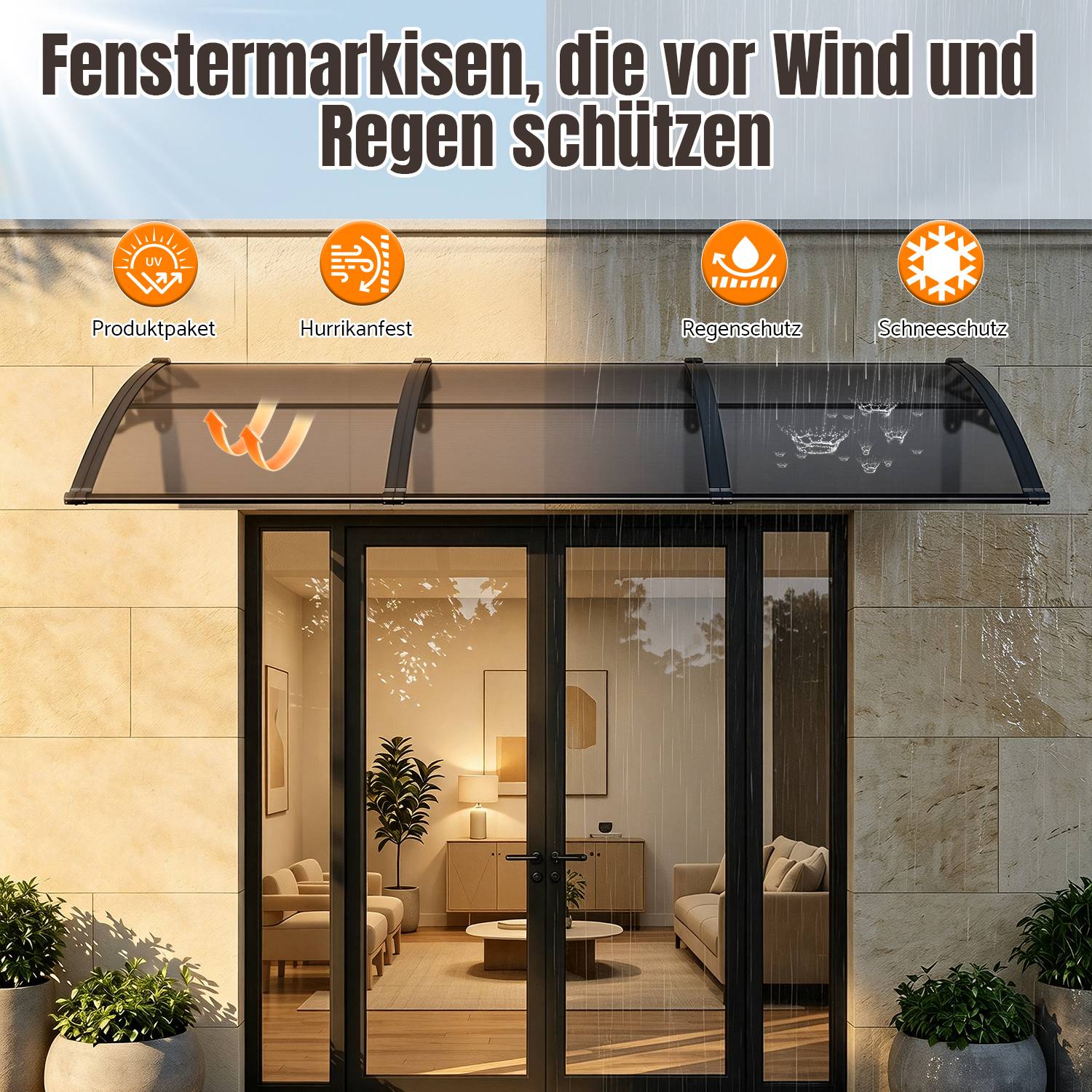 Vordach Haustür mit Regenrinne 300 x 100 cm, Türüberdachung aus Polycarbonat, Schwarz/Braun, Regenschutz für Eingang