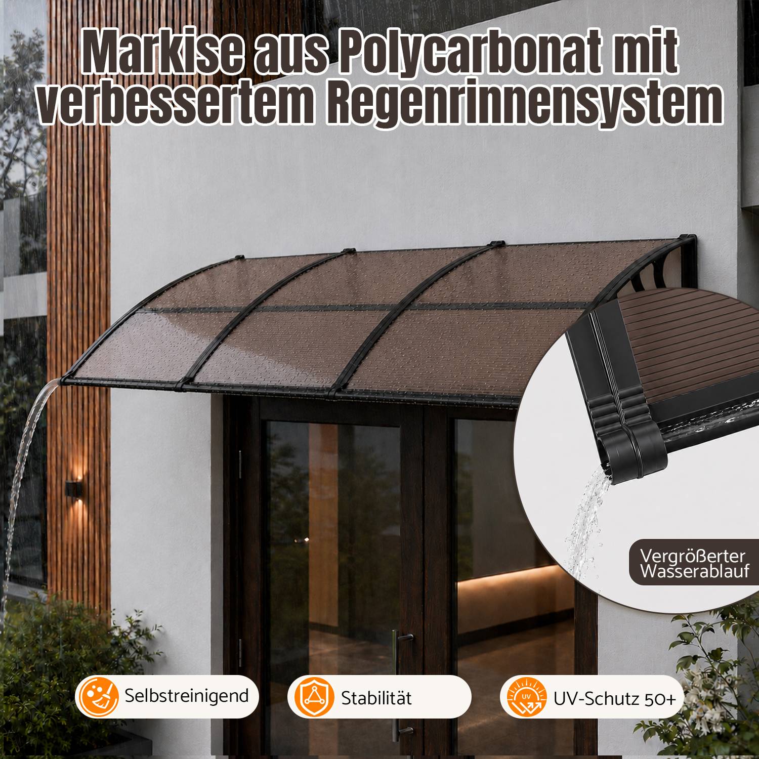 Vordach Haustür mit Regenrinne 300 x 100 cm, Türüberdachung aus Polycarbonat, Schwarz/Braun, Regenschutz für Eingang