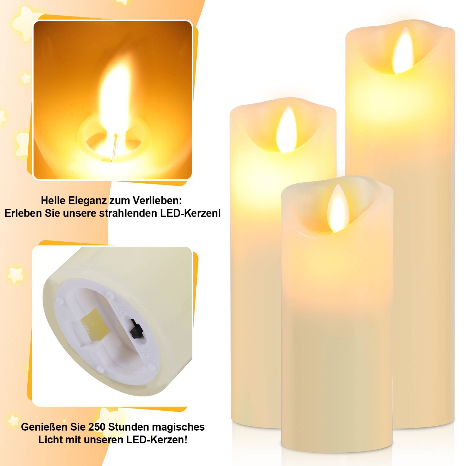 LED Kerzen Echtwachskerzen 5er Set 20 / 18 / 16 / 14 / 13 cm - mit Fernbedienung Timer dimmbar flackernd warmweiß verschiedene Höhen Elfenbein