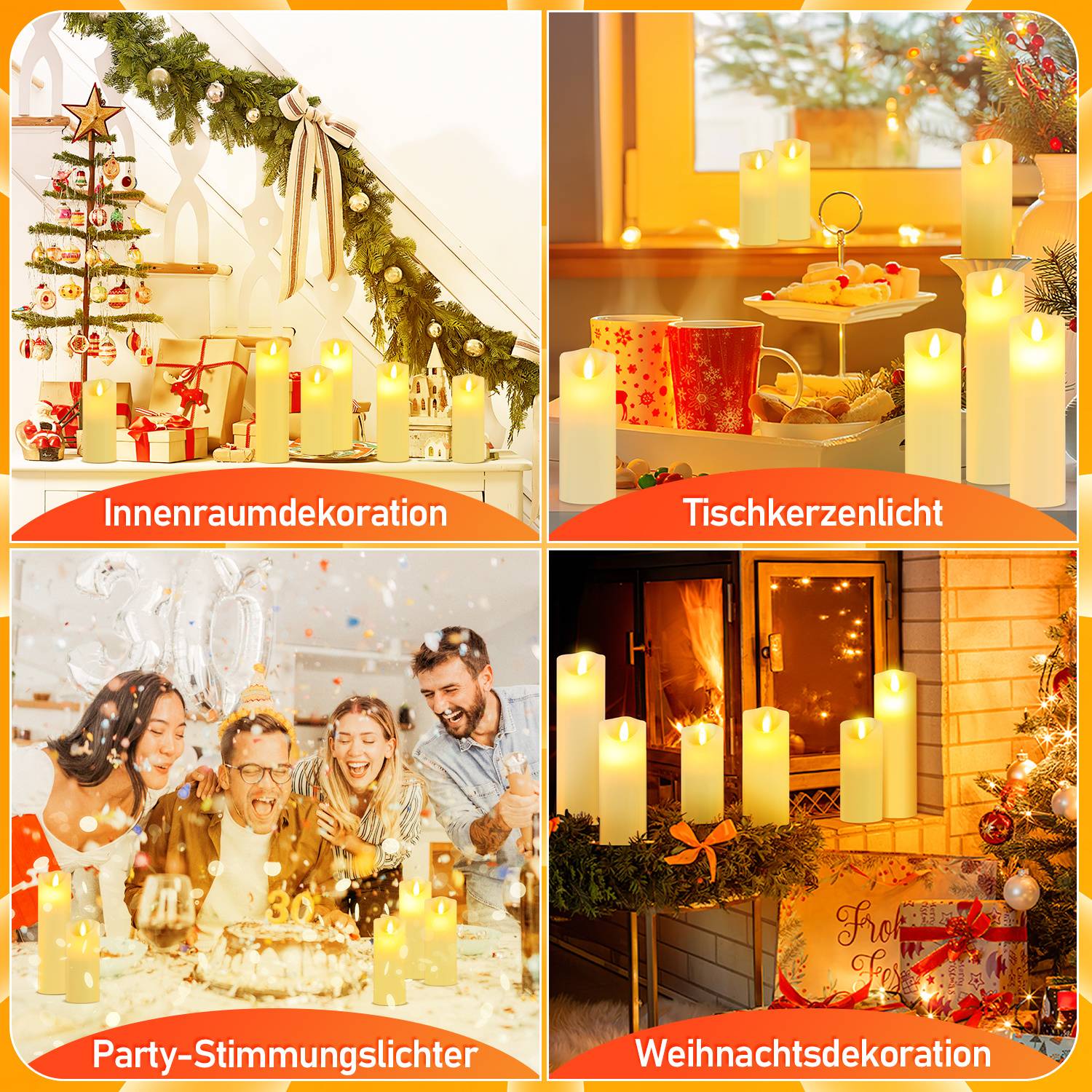 Vier festliche Szenen mit dekorativen LED-Kerzen und Weihnachtsdekoration: Innendekoration, Tischkerzen, Partystimmungslichter und außenliegende Feiertagsdekoration.