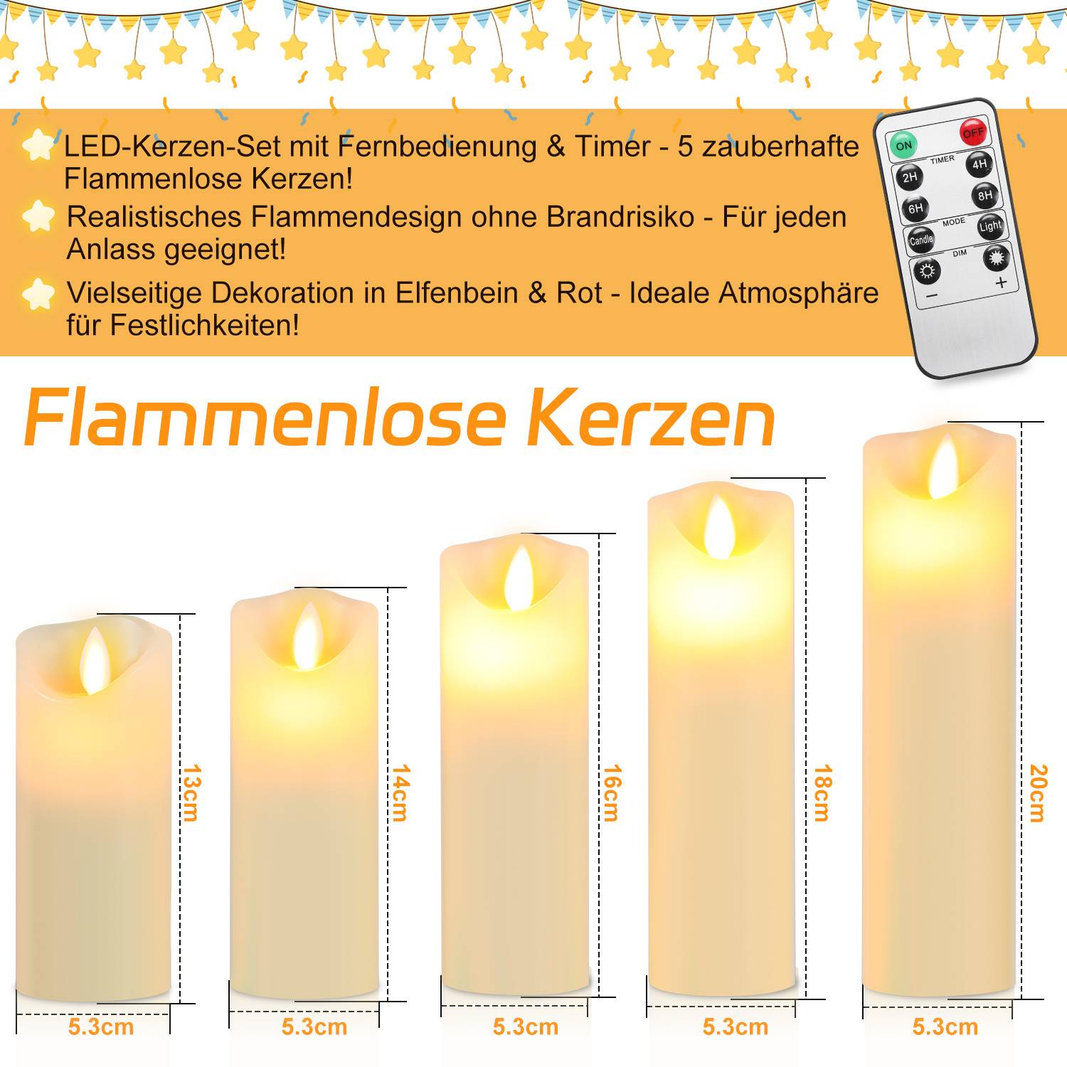 Werbung für LED-Flammenloses Kerzenlicht mit Fernbedienung und Timer, zeigt fünf elfenbeinfarbene Kerzen in aufsteigenden Höhen von 13 bis 20 cm, jeweils 5,3 cm breit.