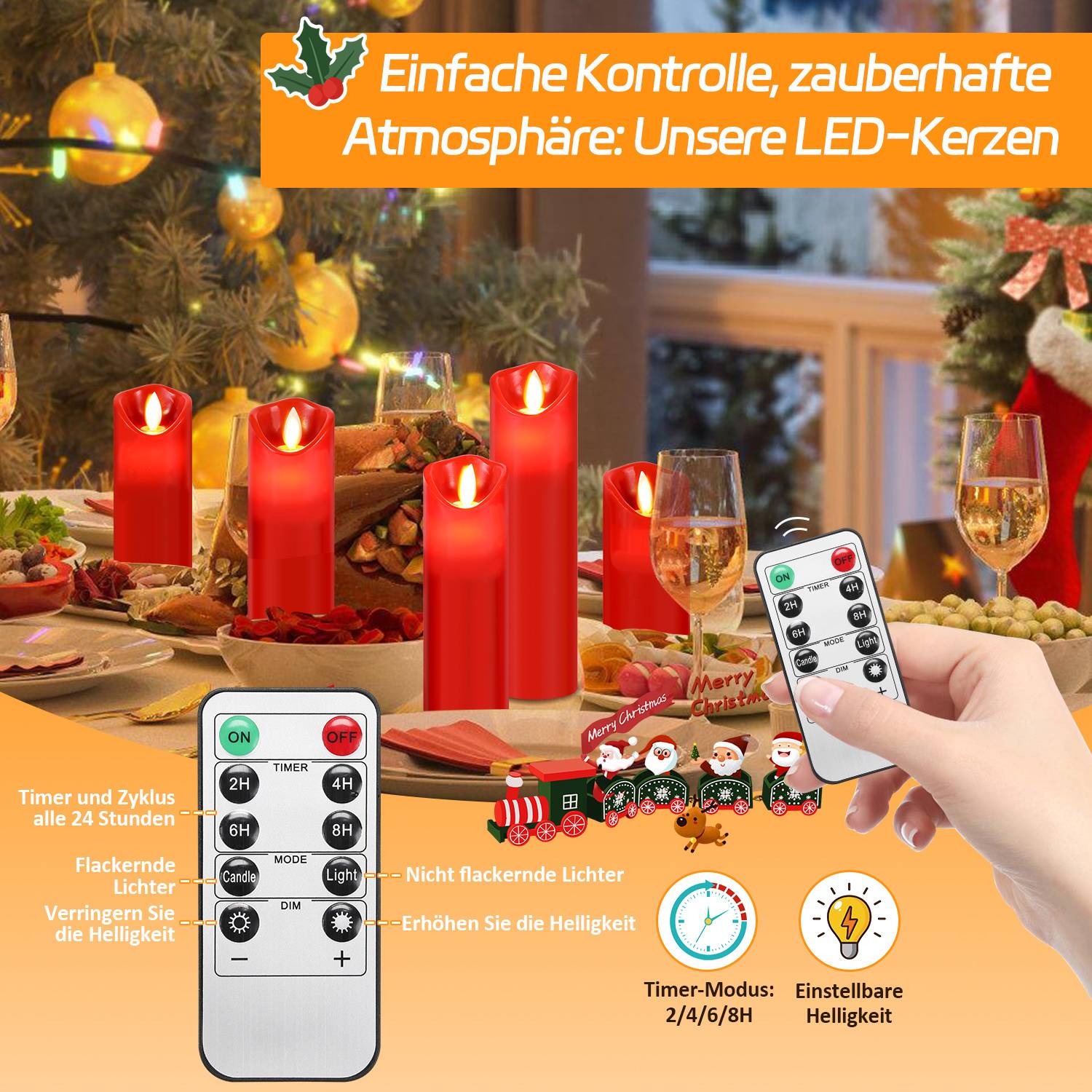 Werbebild von roten LED-Kerzen auf einem festlich gedeckten Tisch, mit einer Hand, die eine Fernbedienung hält; deutscher Text hebt die einfache Steuerung, Timer-Modi 2/4/6/8 Stunden und verstellbare Helligkeit hervor.