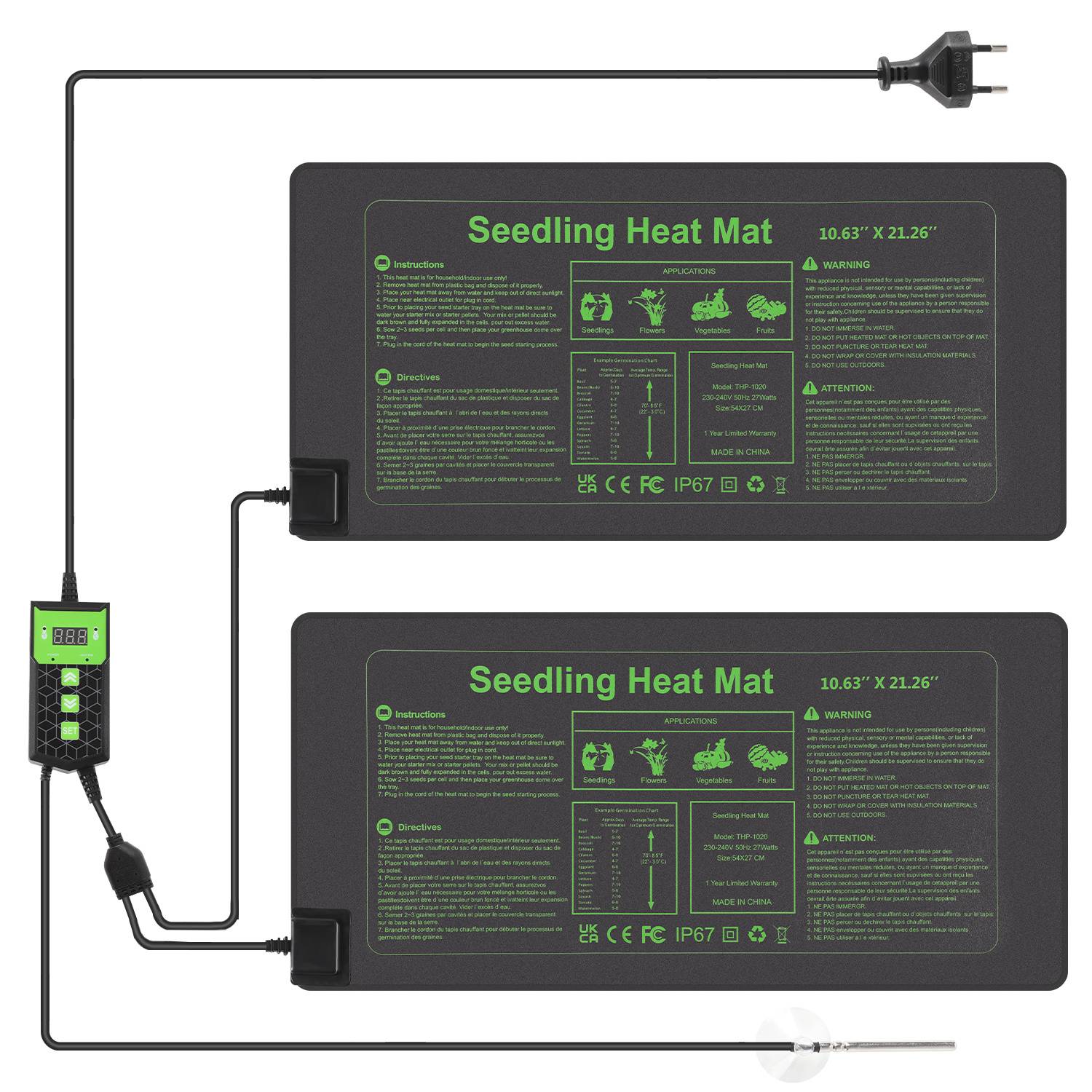 Zwei Sämlingswärmematten mit digitalem Regler und Sonde, gezeigt mit Stromkabel und Anleitung auf jeder Matte.