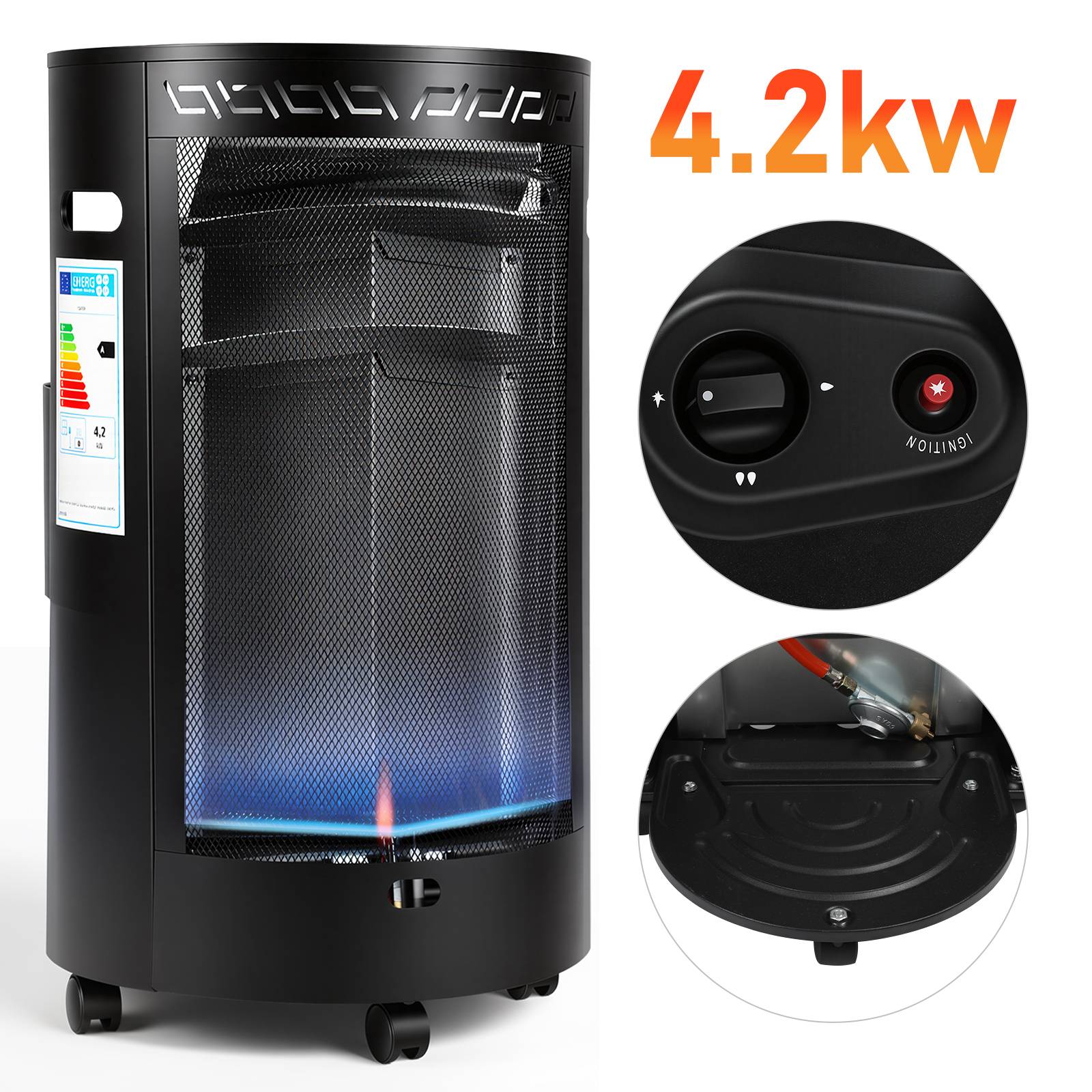 Schwarzer fahrbarer Gasofen mit sichtbarer Flamme durch das vordere Gitterwerk, mit der Bezeichnung 4,2 kW, plus Nahaufnahmen des Regelknopfs und des Brennstoffbehälters.