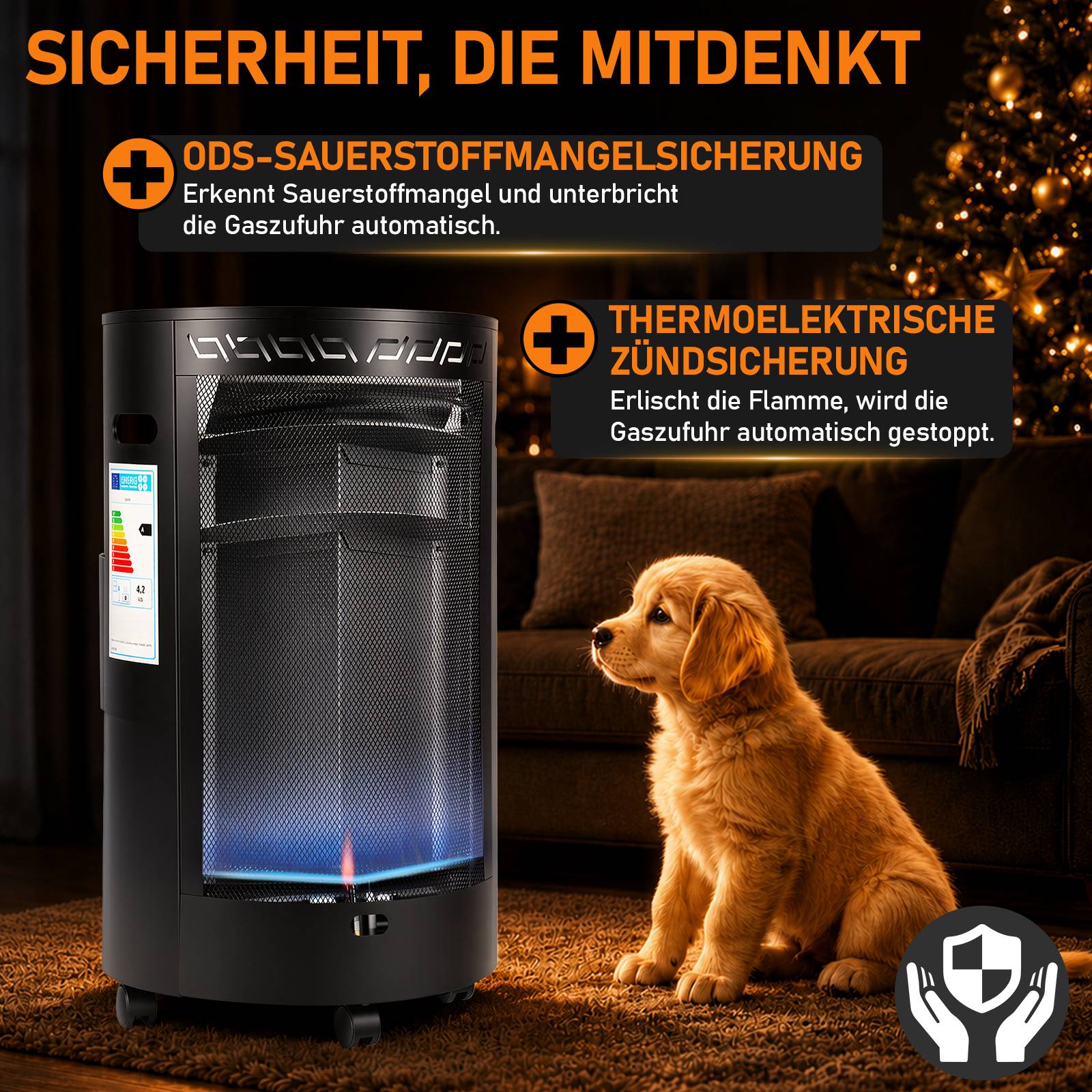 Anzeige für einen Gasheizer: sicherer Innenraumheizer neben einem Welpen, mit Hervorhebung der Sicherheitsmerkmale zur Sauerstoffabnahme und thermoelektrischer Zündung.