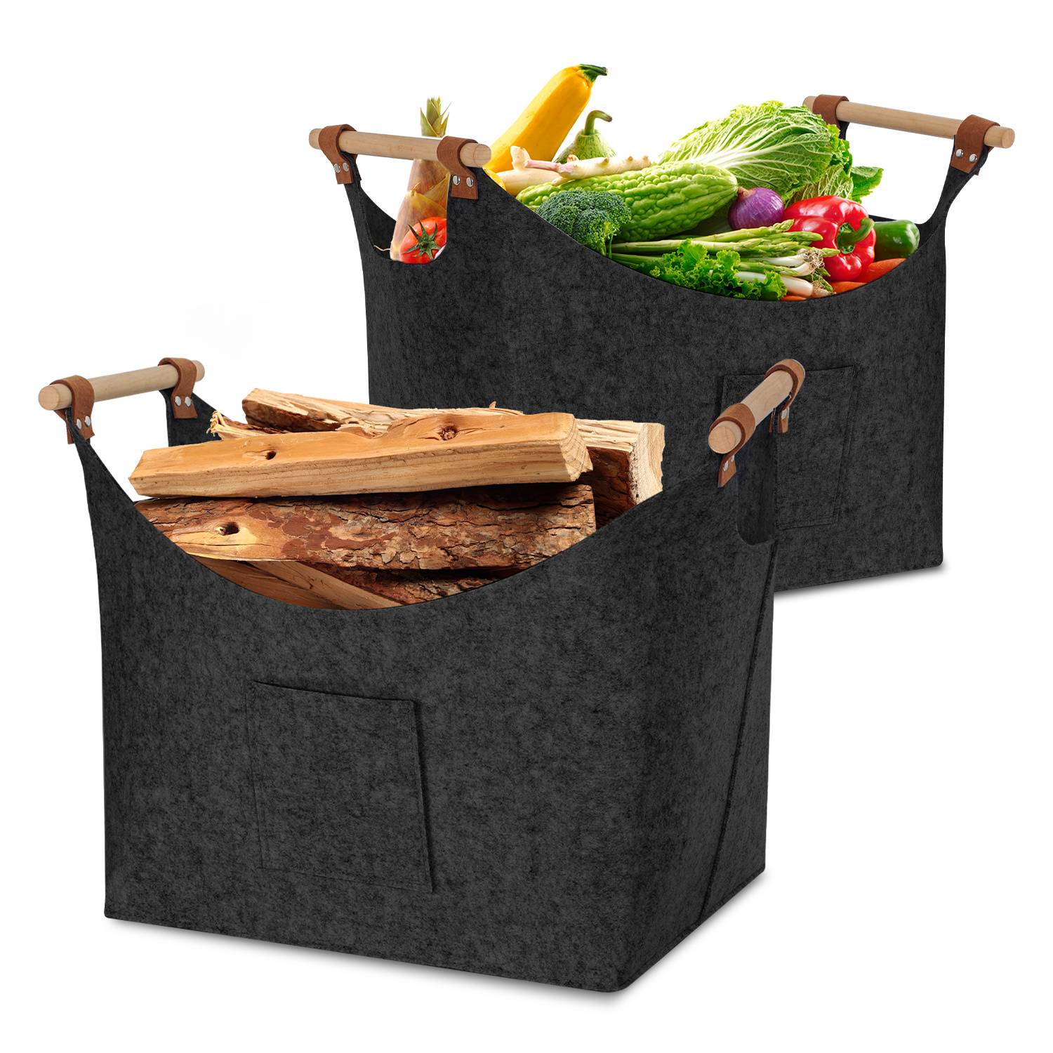 Zwei schwarze Filzlagerbehälter mit Holzgriffen: einer enthält Brennholz, der andere verschiedenes Gemüse und Obst.