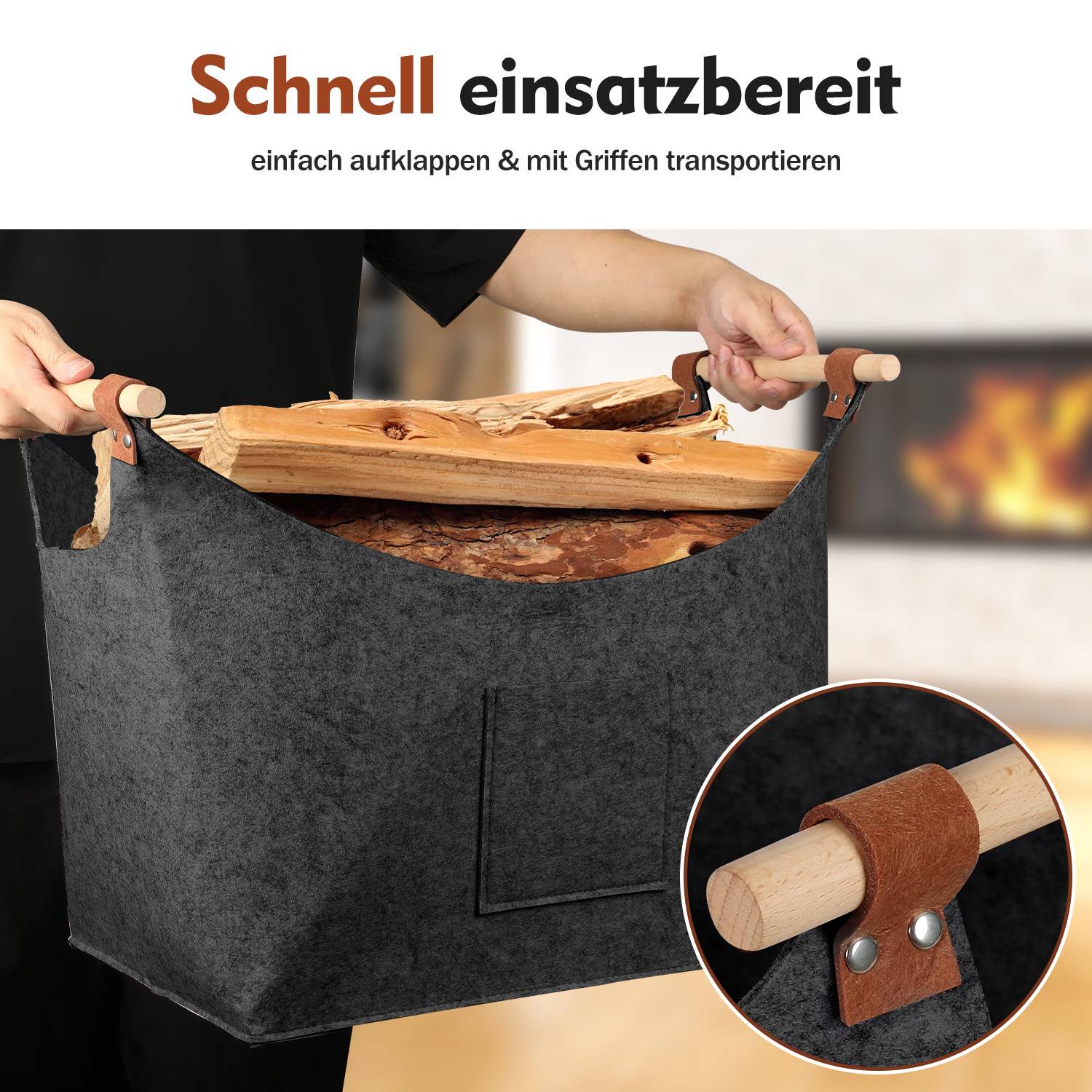 2x Kaminholzkorb Filzkorb 45×40×32 cm, 5 mm, faltbar, mit Holzgriffen und Seitentaschen, Dunkelgrau