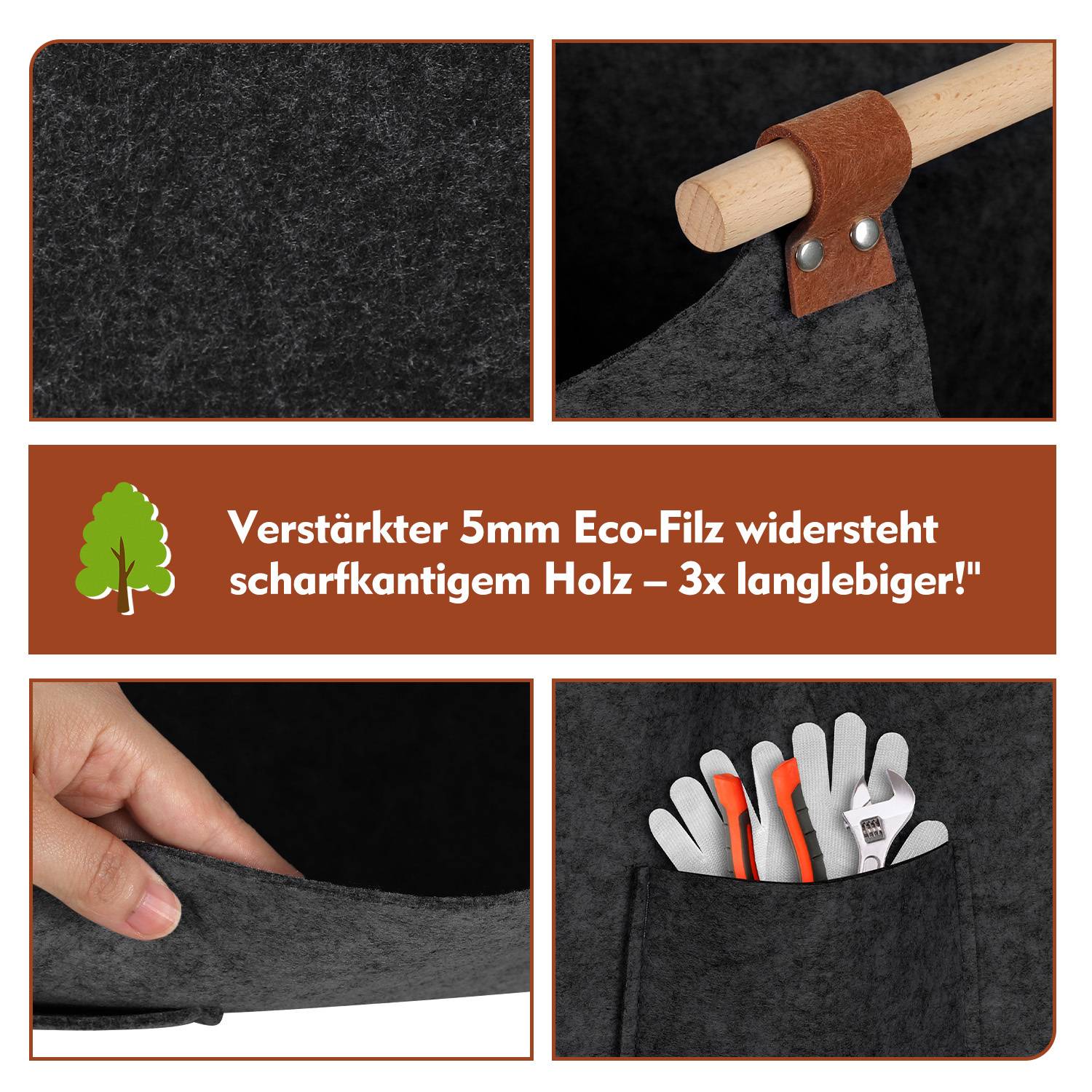 Collage zeigt verstärktes 5mm Öko-Filz, das scharfen Holzkanten widersteht; deutscher Text besagt, dass es 3x strapazierfähiger ist, wobei der Filz gebogen, durch einen hölzernen Griff geschnitten wird und zum Halten von Werkzeugen verwendet wird.
