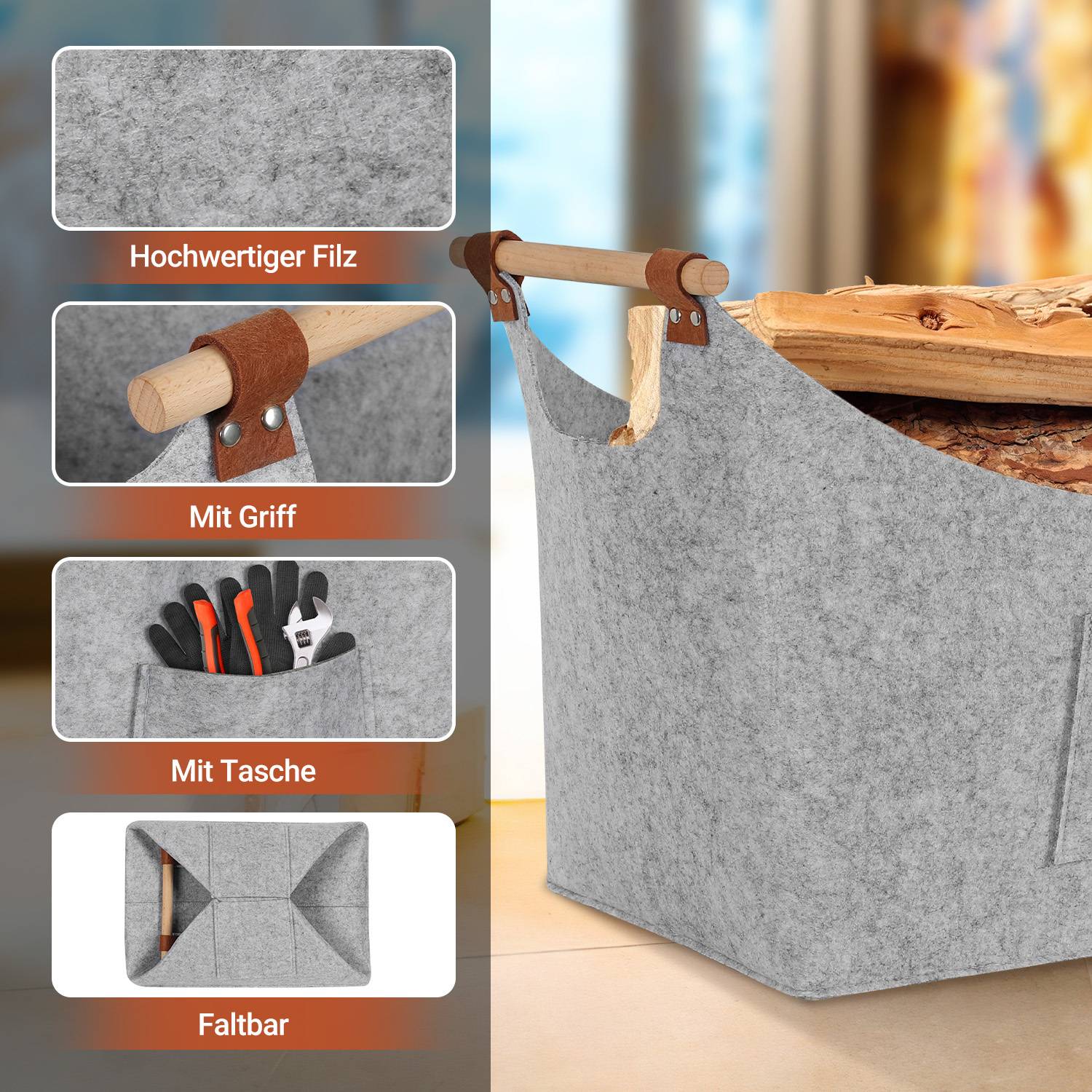 Grauer Filz-Holzkorb mit Holzgriffen, dargestellt mit folgenden Eigenschaften: hochwertiger Filz, Griff, Tasche und faltbares Design.