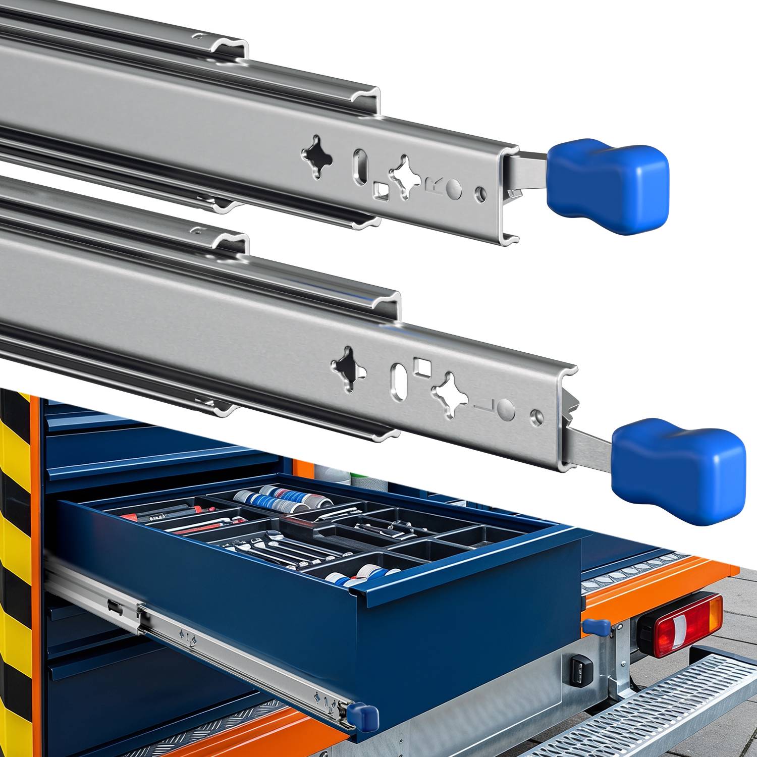 Metallschubladenauszüge mit blauen Freigabehebeln, die in einer blauen Werkstatt-Werkzeugschublade installiert sind und den Schiebemechanismus und die Entfernungsfunktion zeigen.