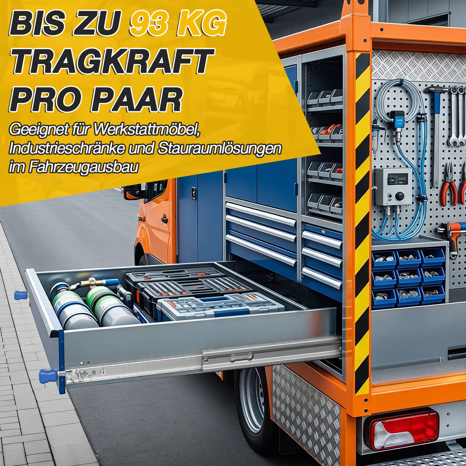 Schubladenauszüge 900 mm, 53 mm breit, 3-teilig mit Verriegelung, Vollauszug bis 179.7 cm, belastbar bis 93 kg