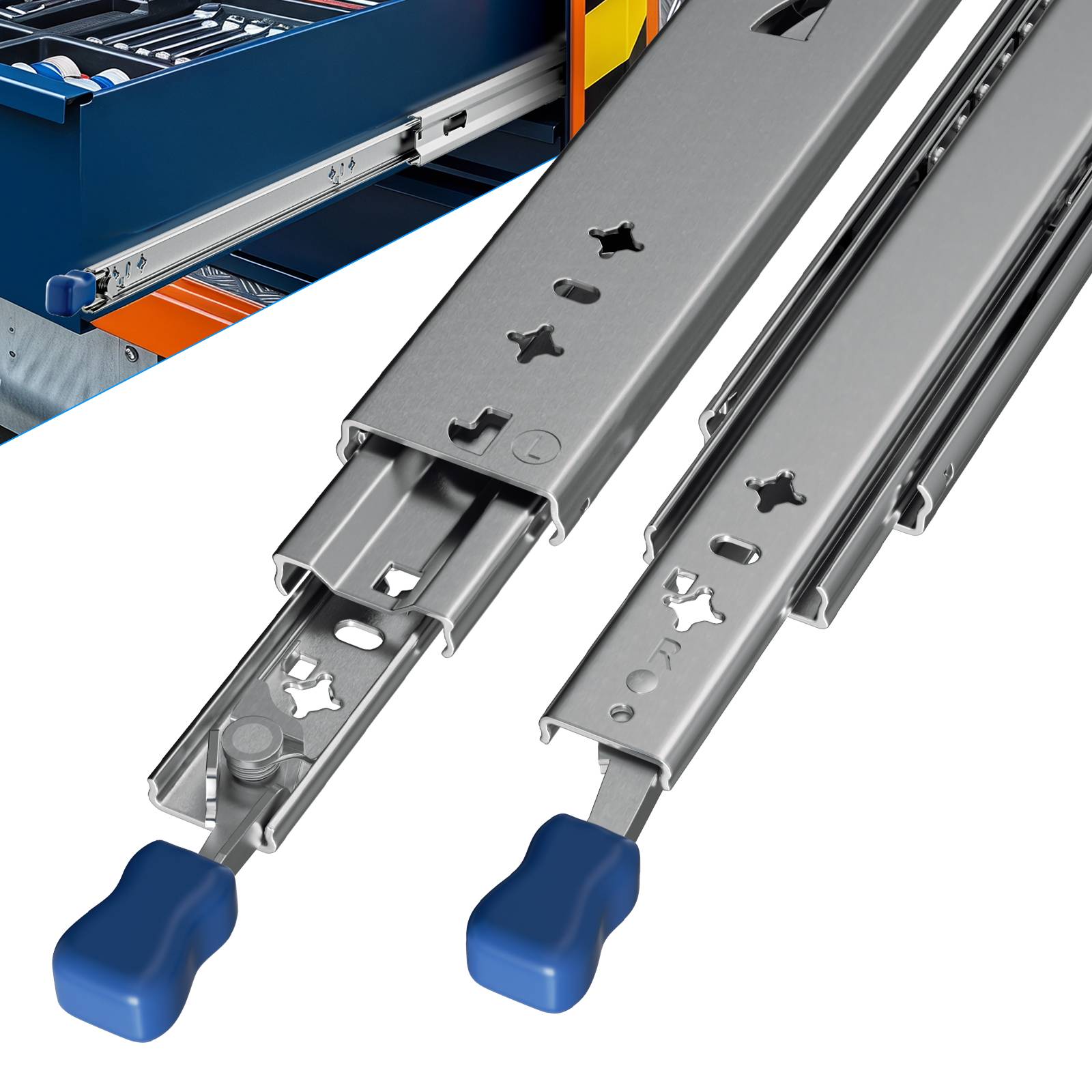 Nahaufnahme von zwei Metallschubladenschienen mit blauen Entriegelungsgriffen, die die Hardware für die Schubladenbewegung und -installation in Schränken zeigt.
