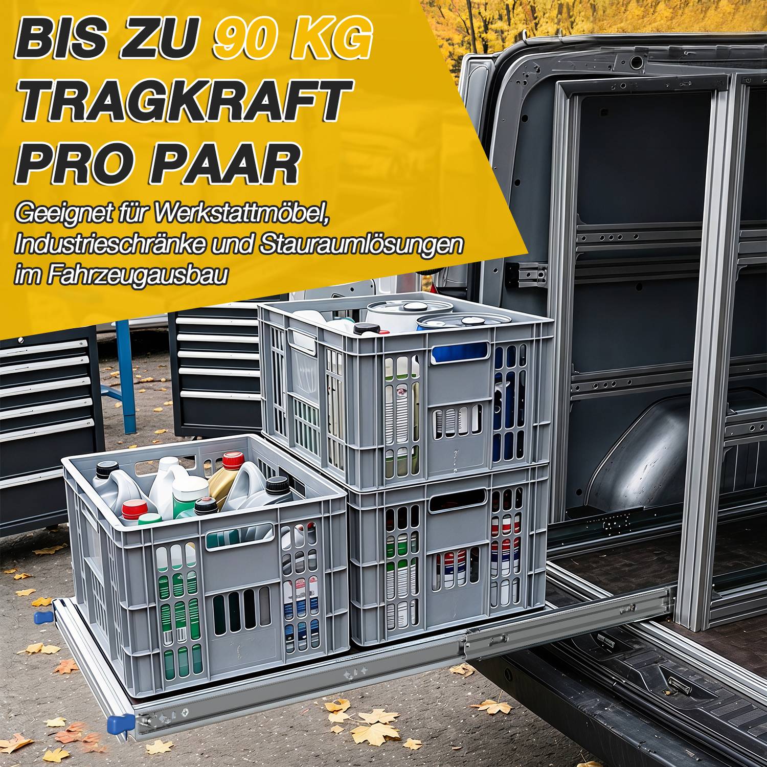 Fahrzeug-Ladeflächen-Ausziehbrett mit gestapelten Kisten im Transporter, Werbung für "bis zu 90 kg Tragkraft pro Paar"" für Werkstatt- und Lagernnutzung.