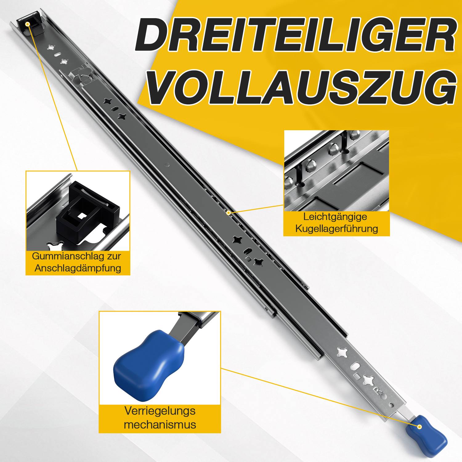 Produktbild einer „DREITEILIGER VOLL AUSZUG" Schubladenführung mit Beschriftungen für Gummianstoßdämpfung, sanfte Kugellagerlaufschienen und einen Verriegelungsmechanismus.
