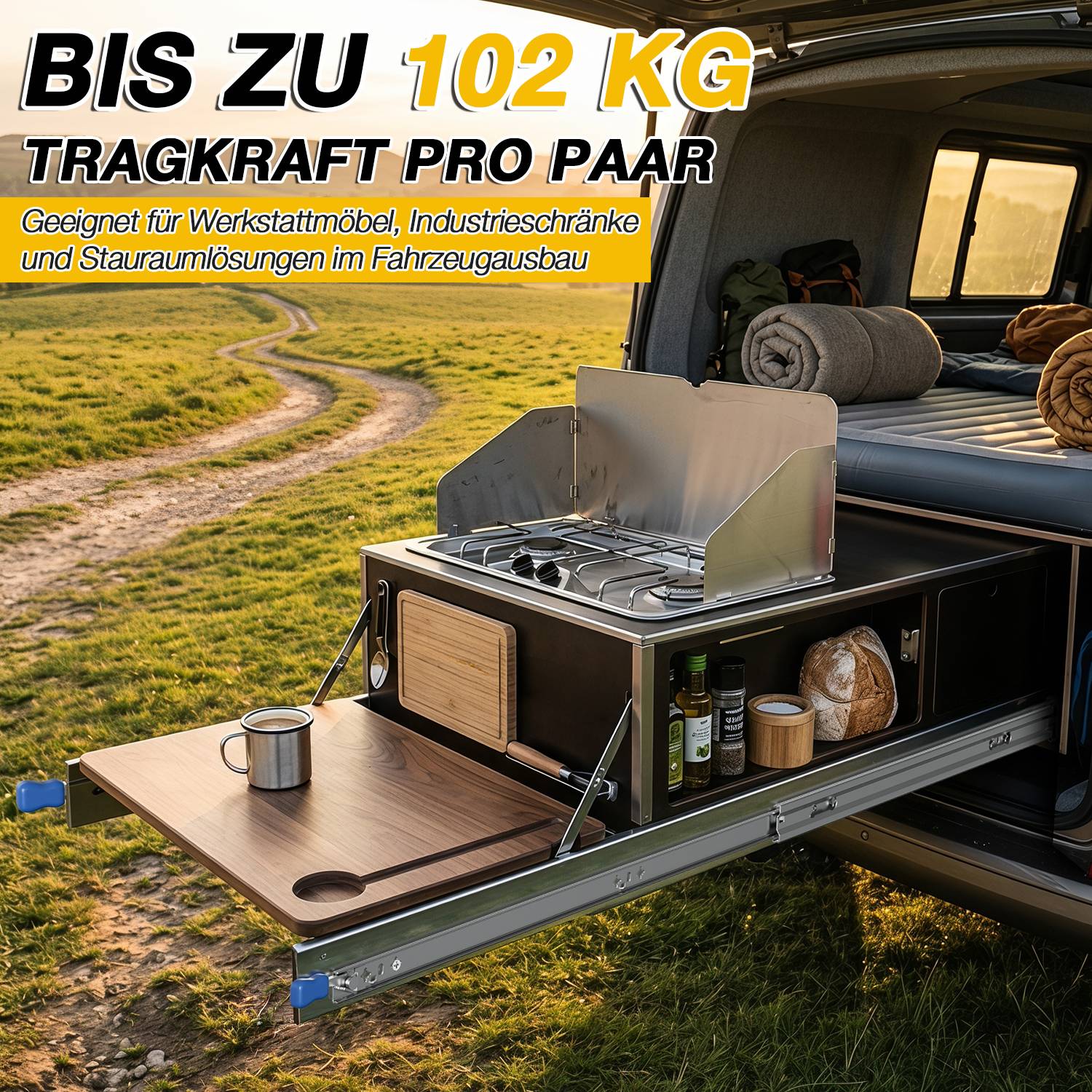 Schubladenauszüge 750 mm, 53 mm breit, 3-teilig mit Verriegelung, Vollauszug bis 149.7 cm, belastbar bis 102 kg