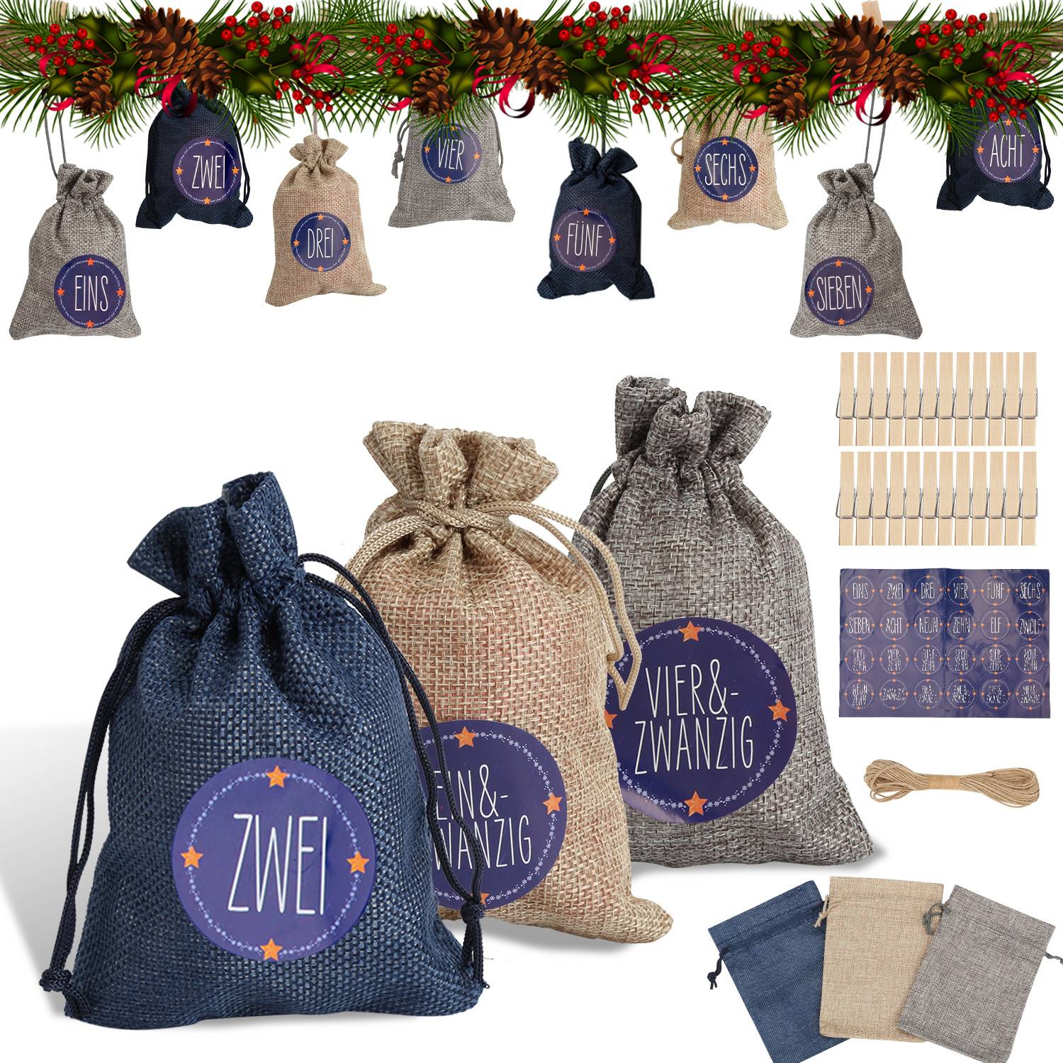 Weihnachtsgeschenk-Taschensortiment mit nummerierten Anhängern 1 bis 12, die an einer Girlande hängen, plus Jute-Kordelzug-Taschen, Wäscheklammern und Geschenkzubehör.